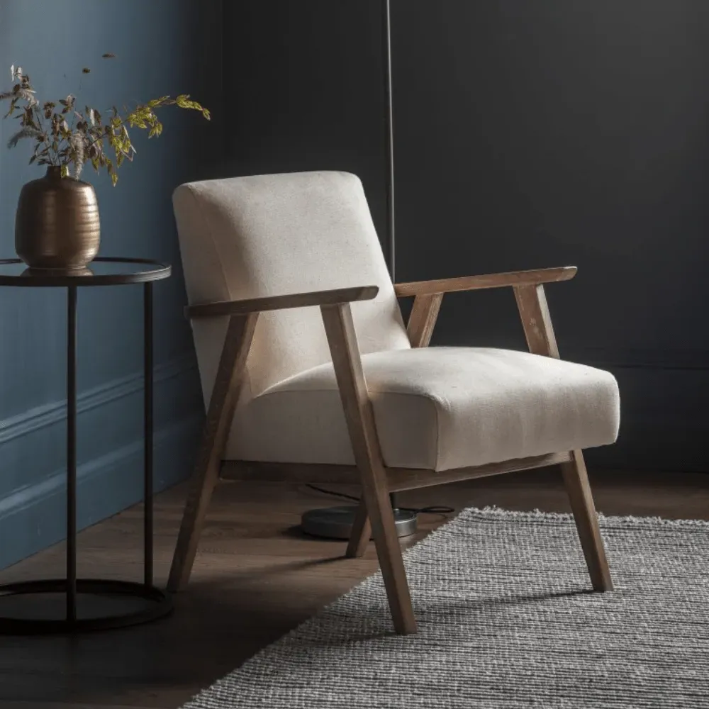 Mid-Century Armchair with Wooden Arms - Natural, Linen image