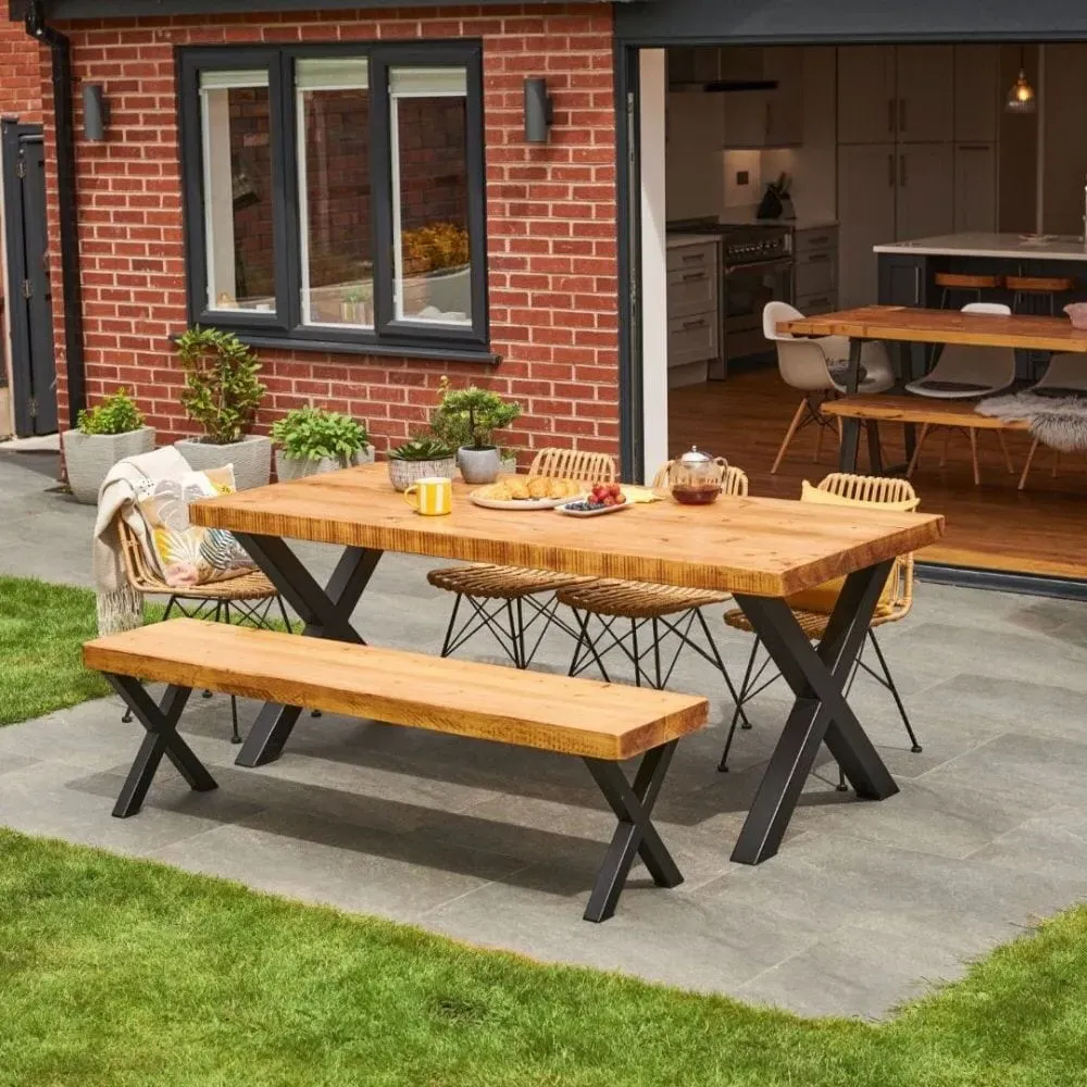 X-Frame Outdoor Dining Set with 2 Benches - Grey Wash
