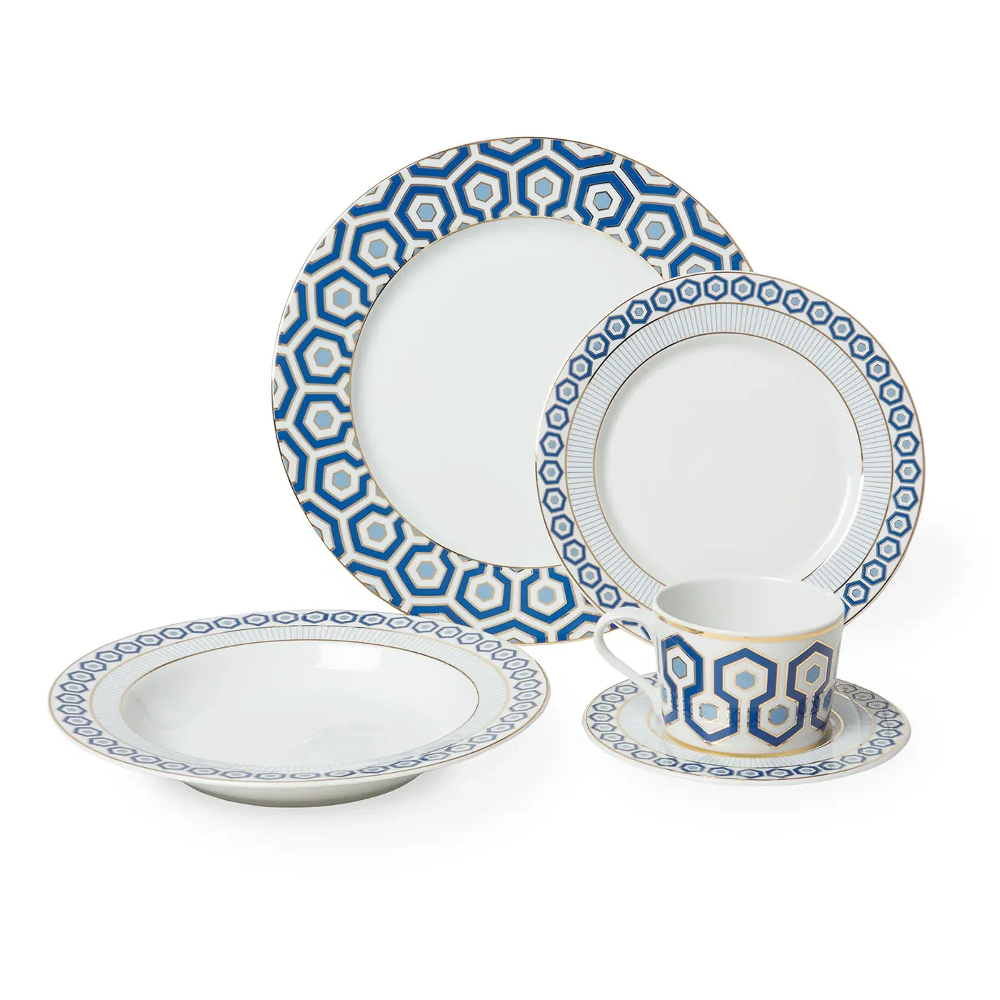 5-Piece Dinner Set with Hexagon Pattern - Blue image