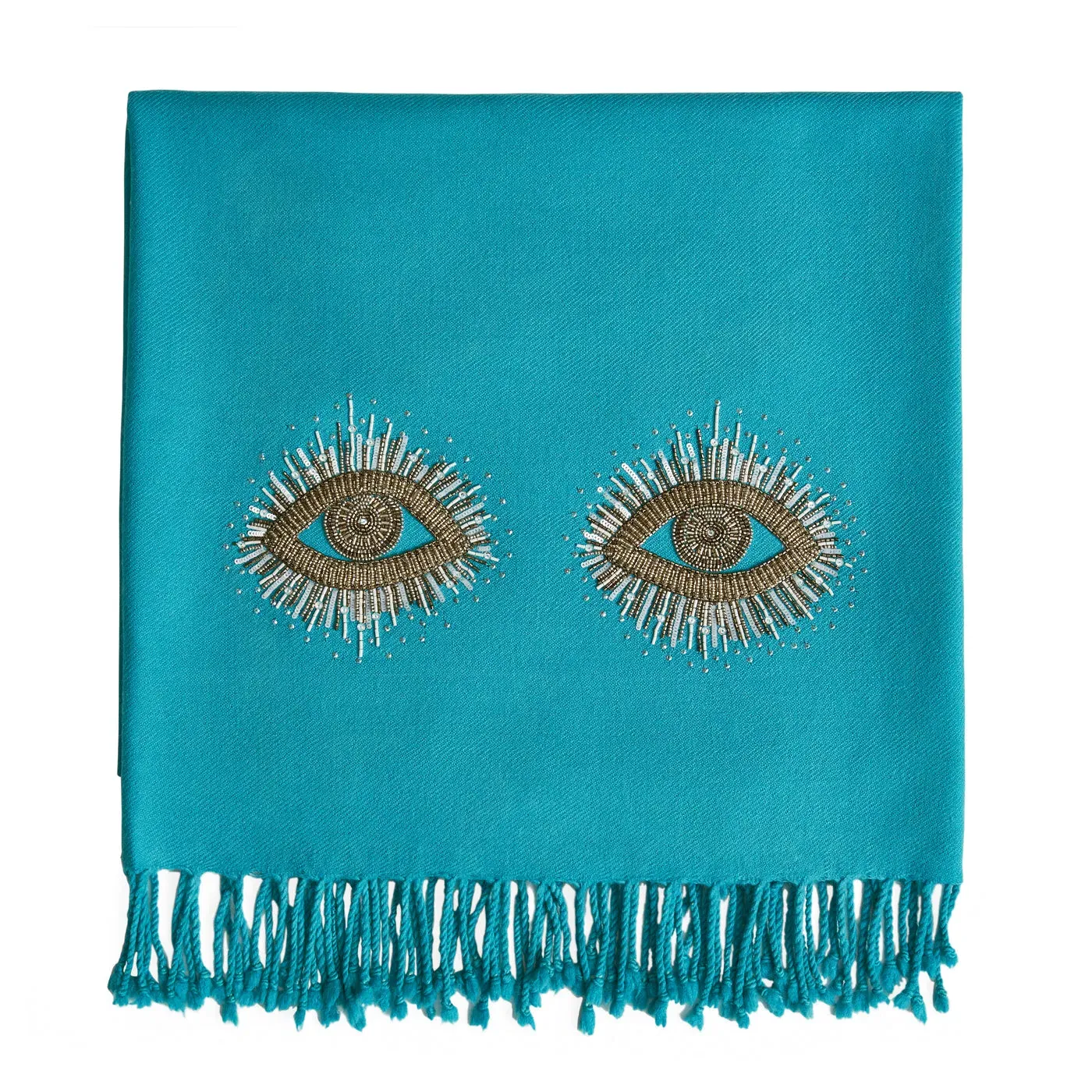 Embellished Throw with Eye Design - Teal, Merino image