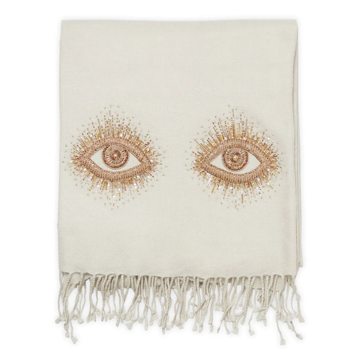 Embellished Throw with Eye Design - White, Merino