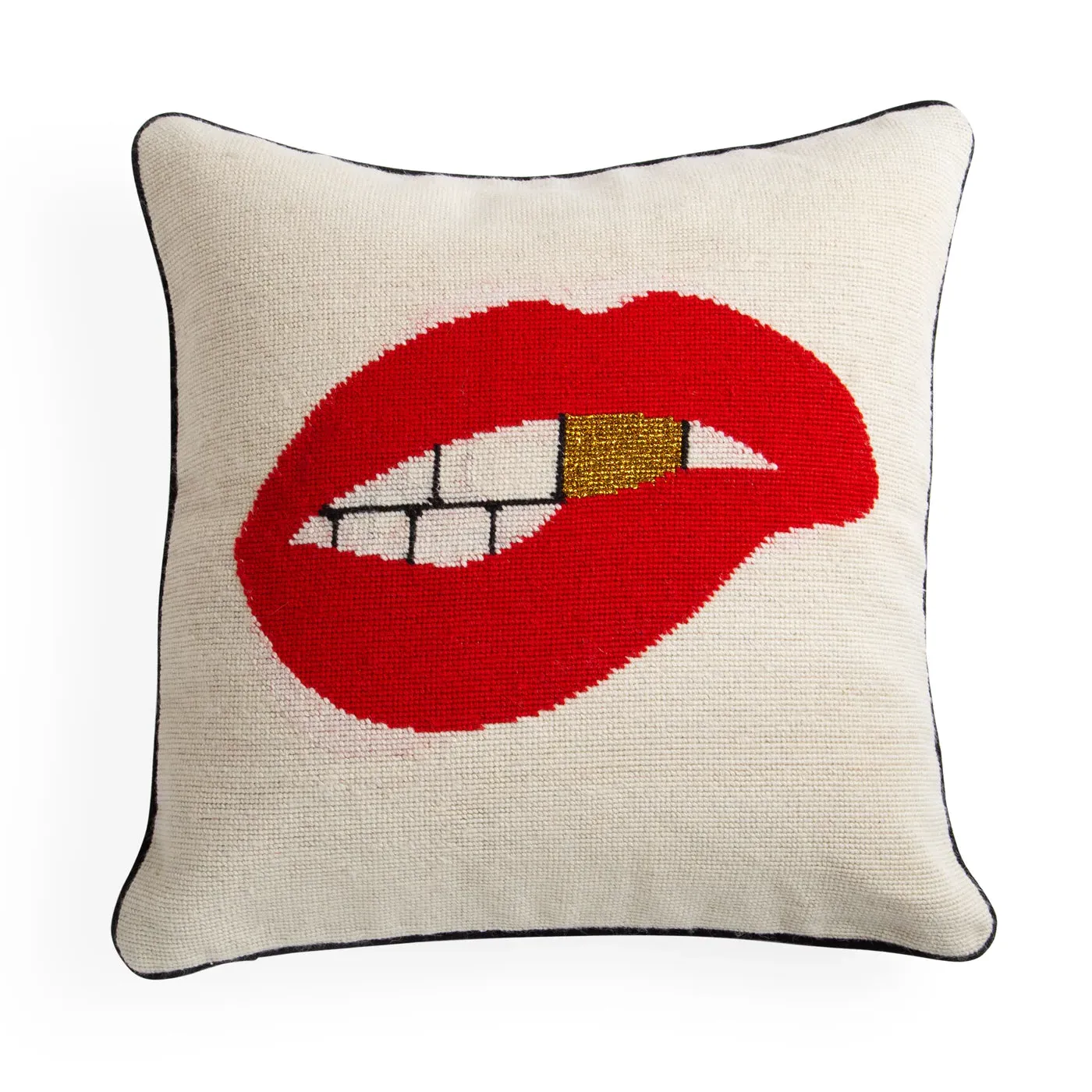 Lips Needlepoint Throw Cushion - Red, Velvet image