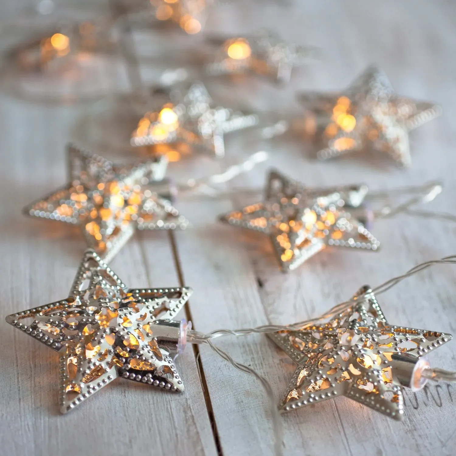 10-Light Star Fairy Lights - Warm White, Silver