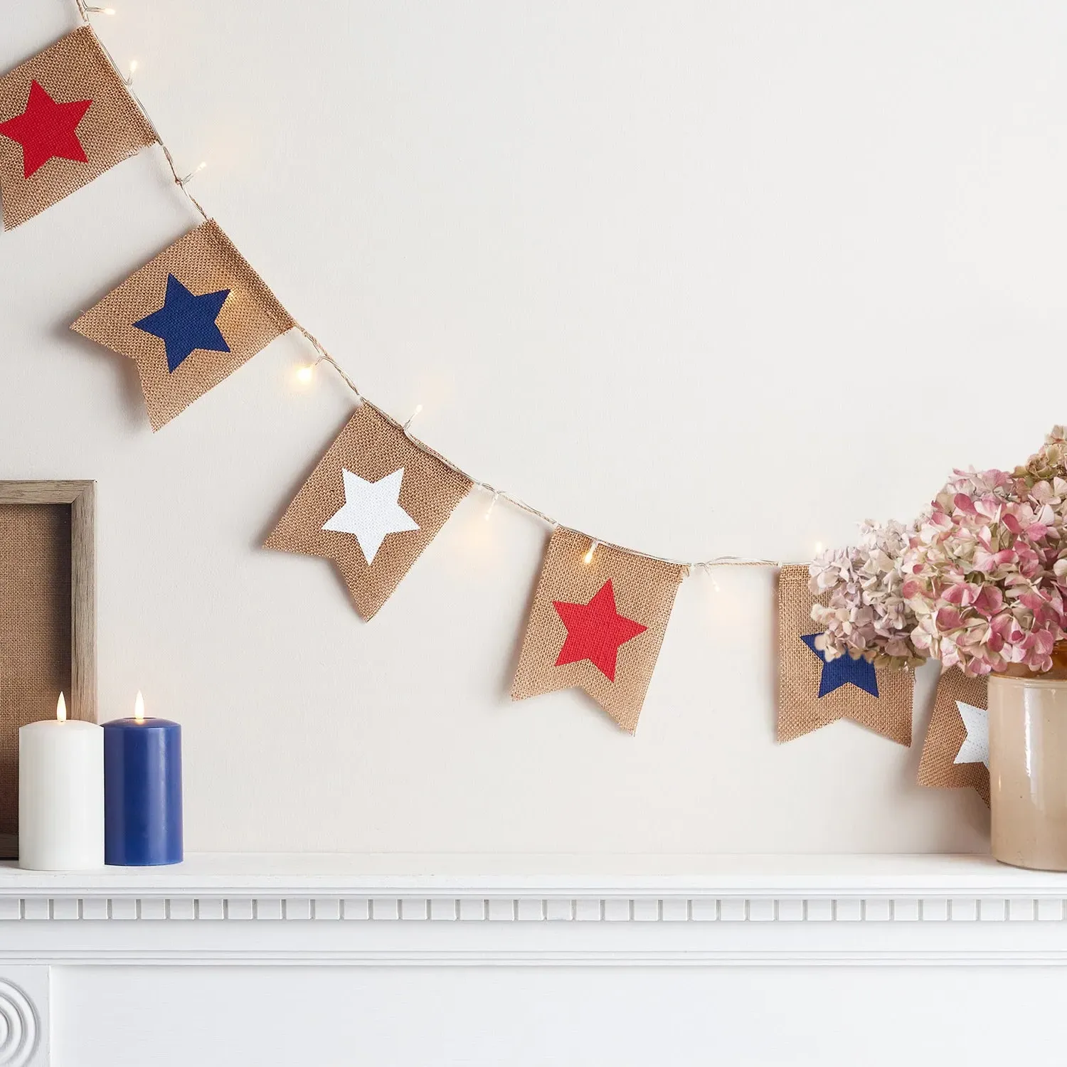 12-Star LED Bunting - Red White Blue, Hessian image