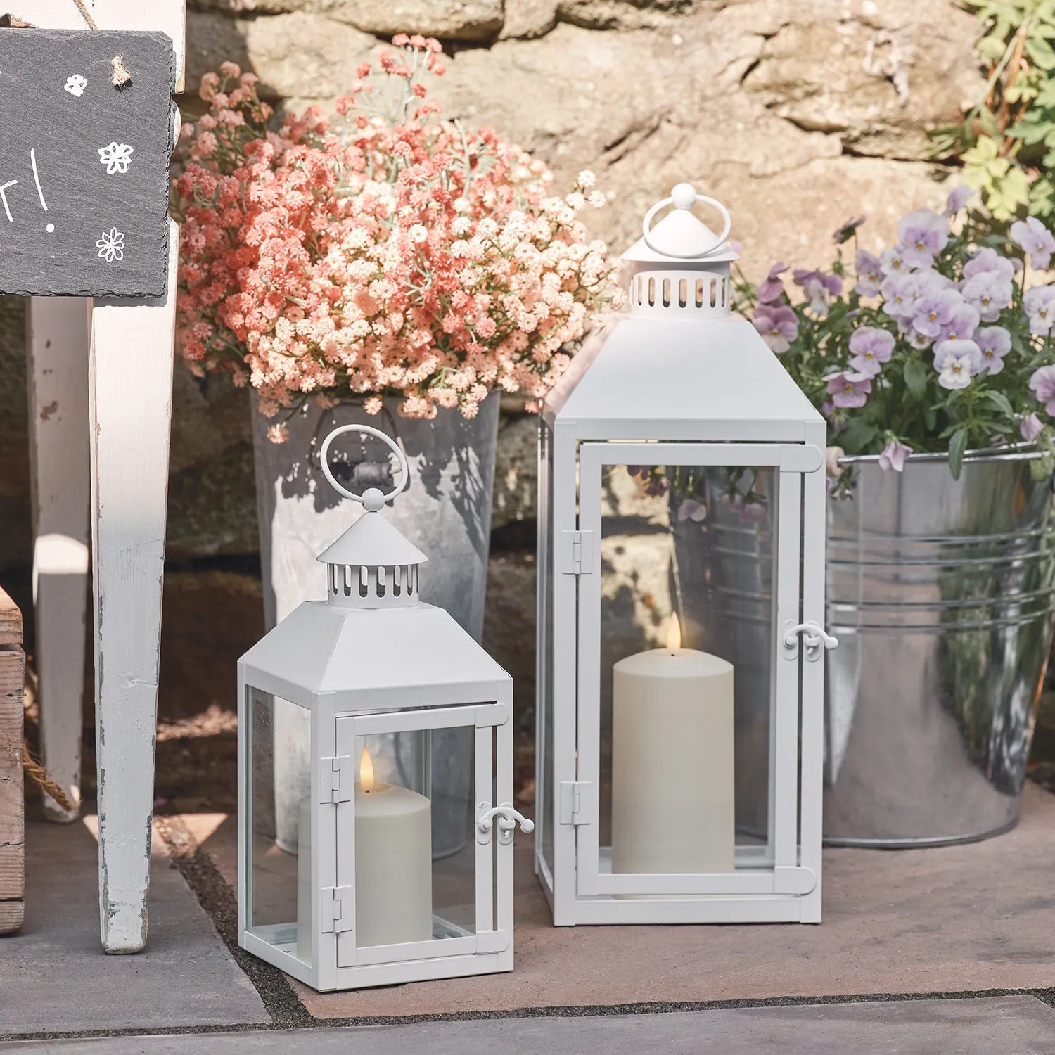 2-Piece Garden Lantern Set with Remote - White, Metal