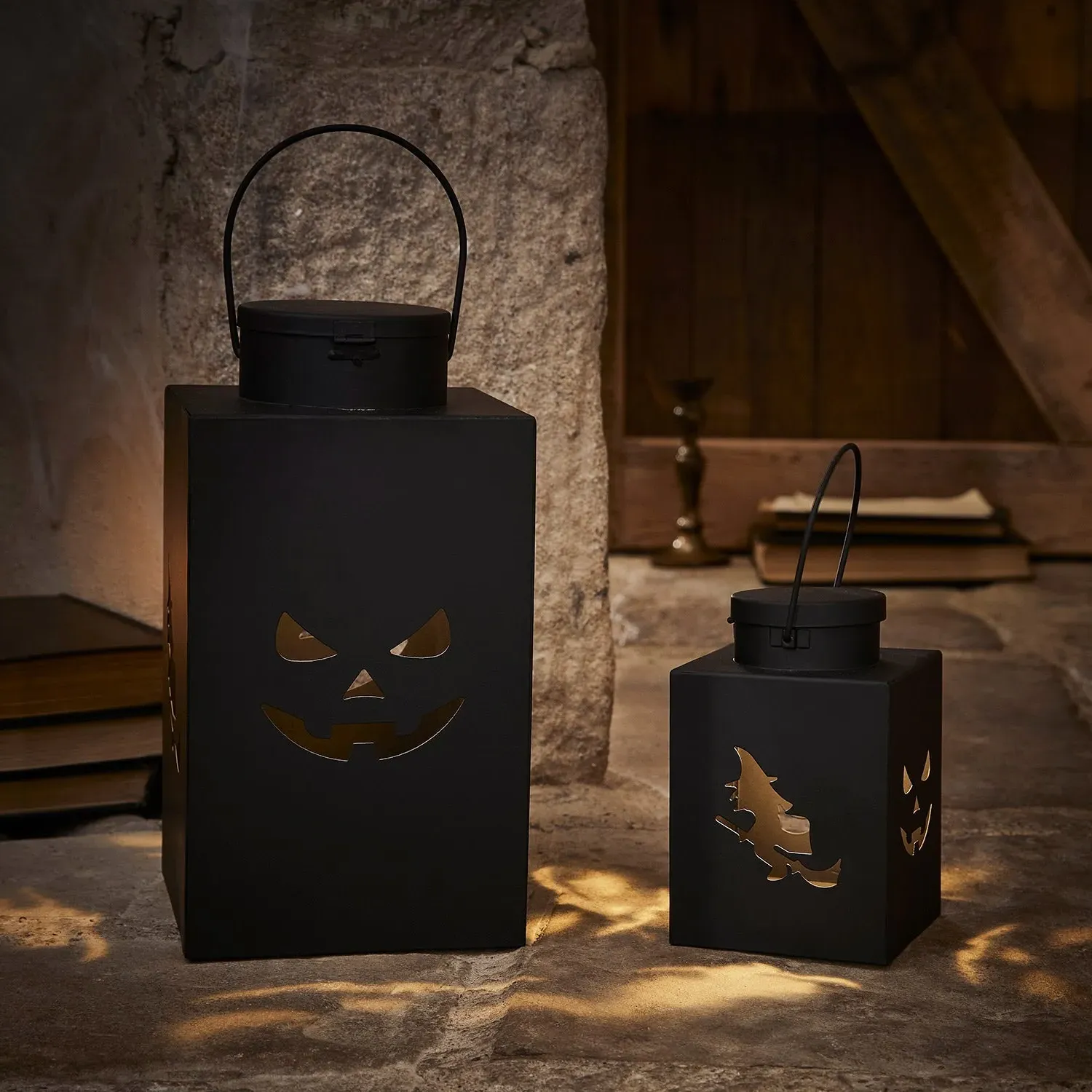 2-Piece Halloween Lantern Set - Black, Metal