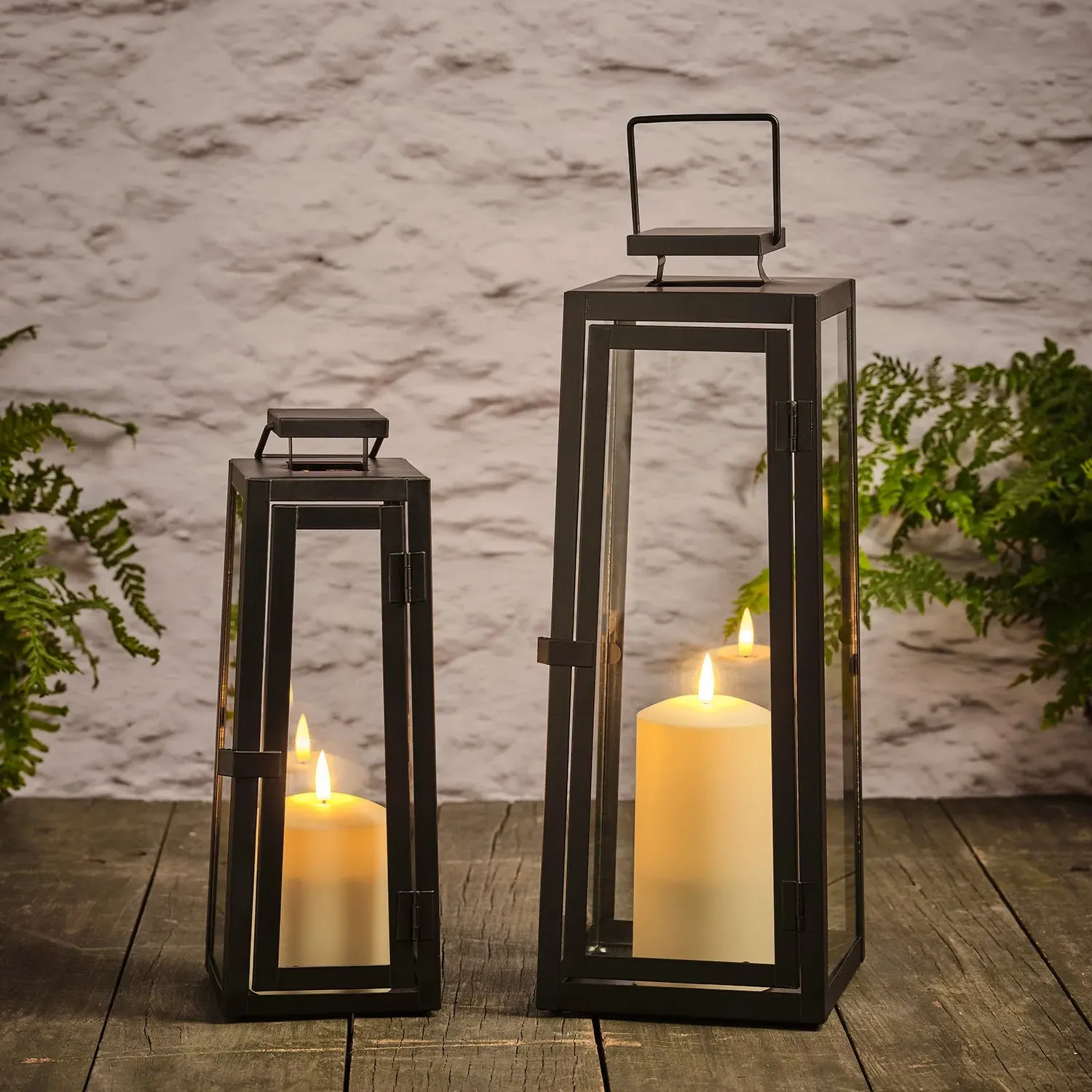 2-Piece Lantern Set with LED Candles - Black Metal