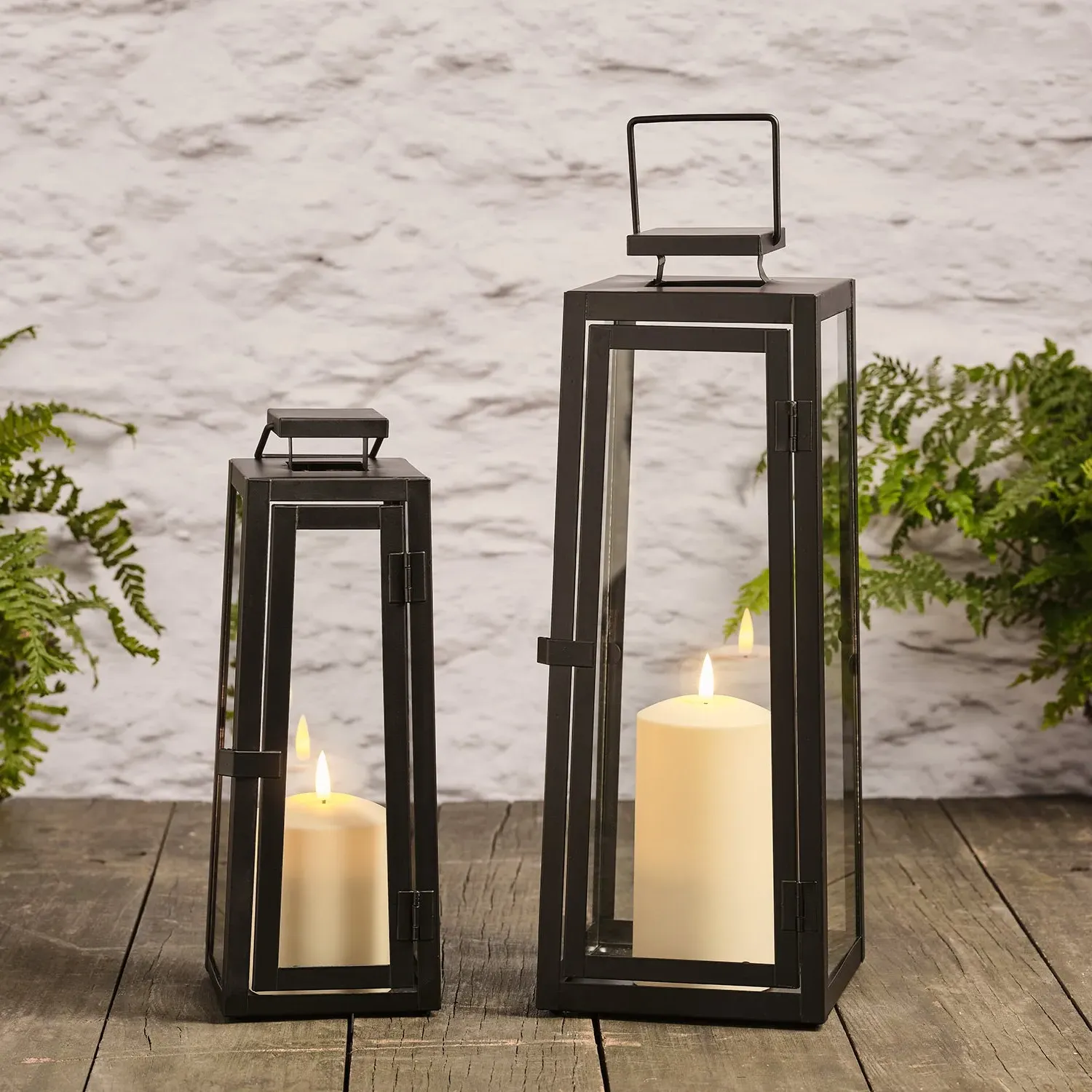 2-Piece Lantern Set with LED Candles - Black Metal