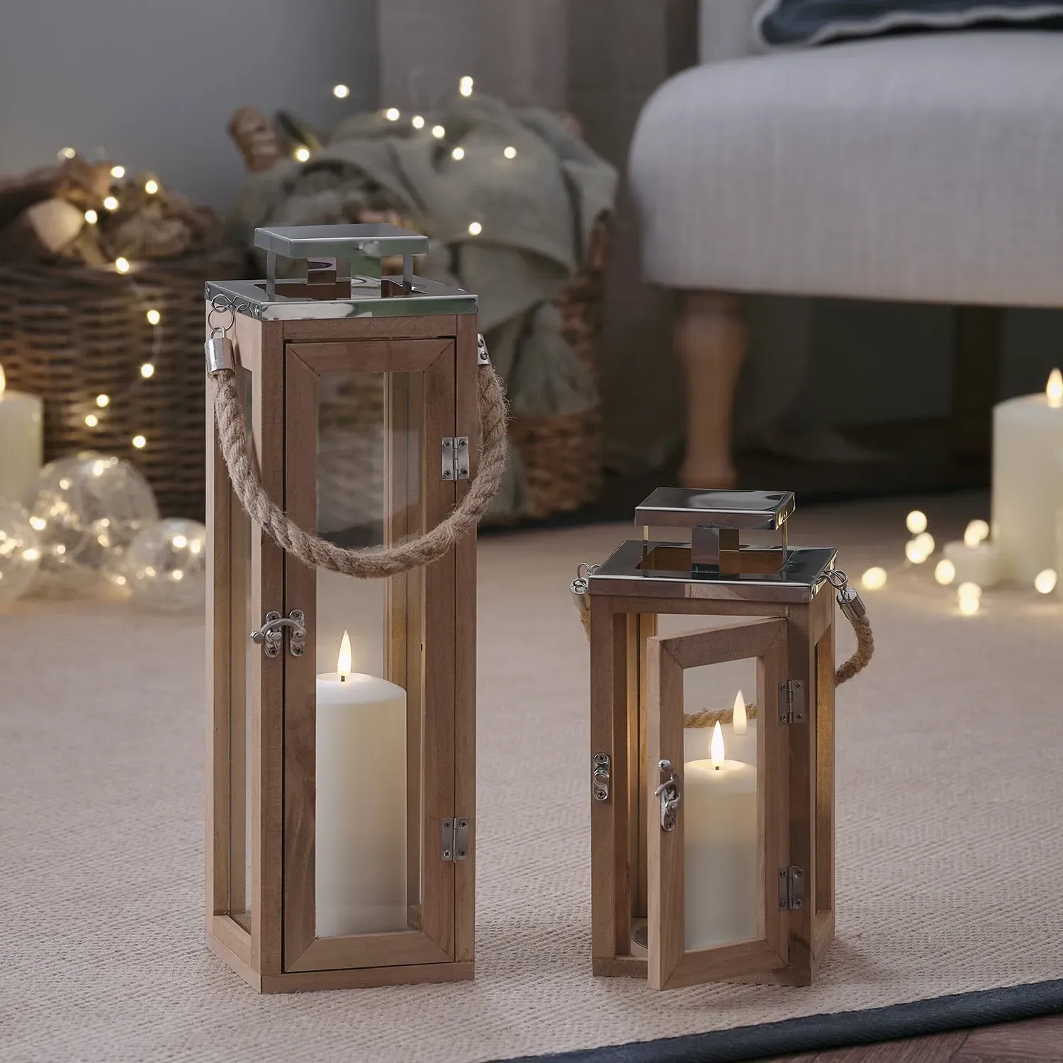 2-Piece Lantern Set with LED Candles - Wood