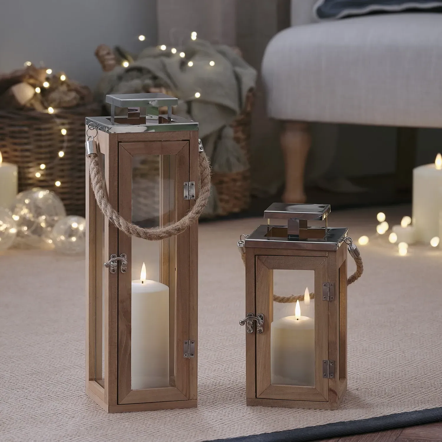 2-Piece Lantern Set with LED Candles - Wood