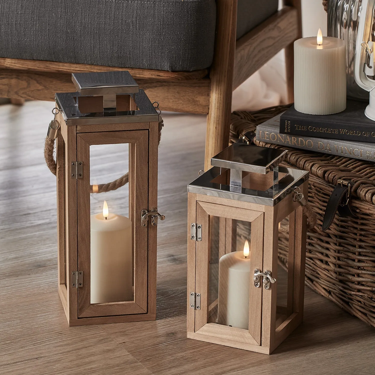 2-Piece Lantern Set with Wax Candles - Wood