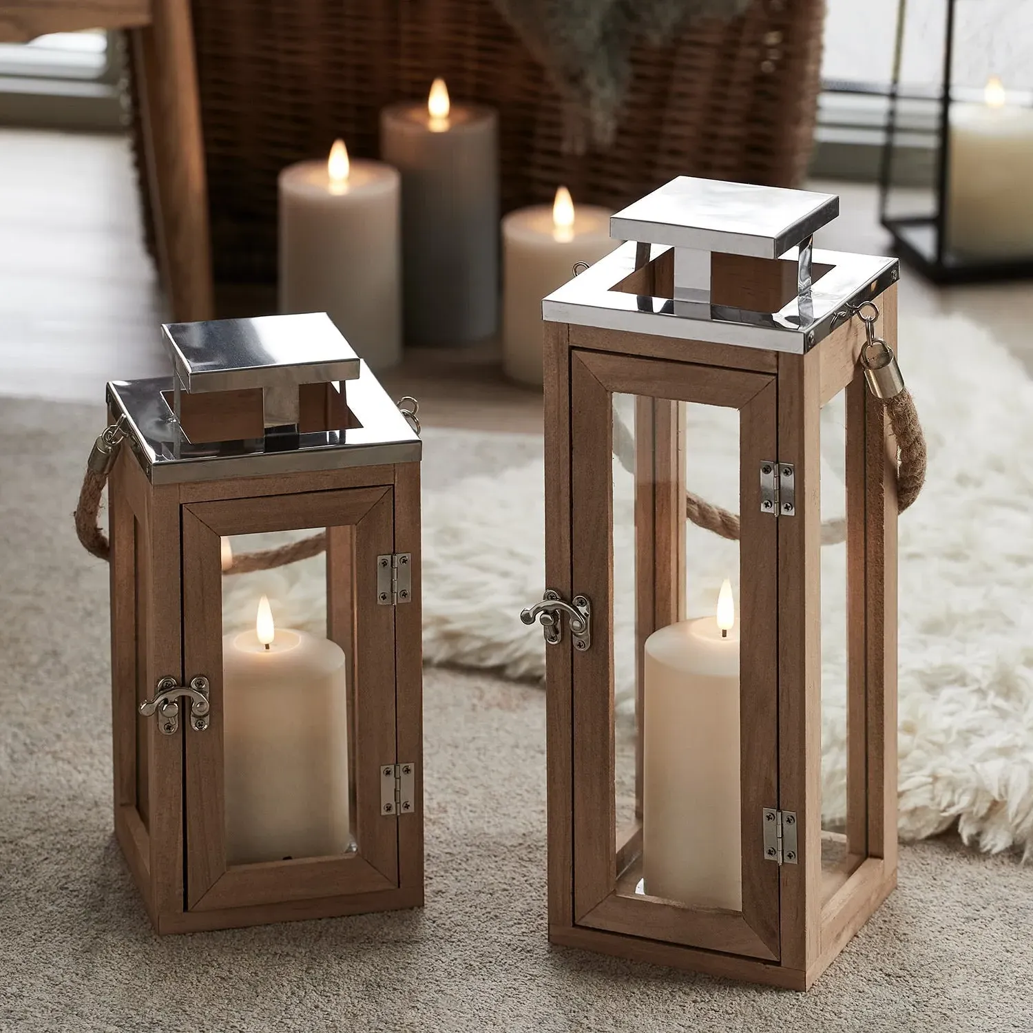 2-Piece Lantern Set with Wax Candles - Wood