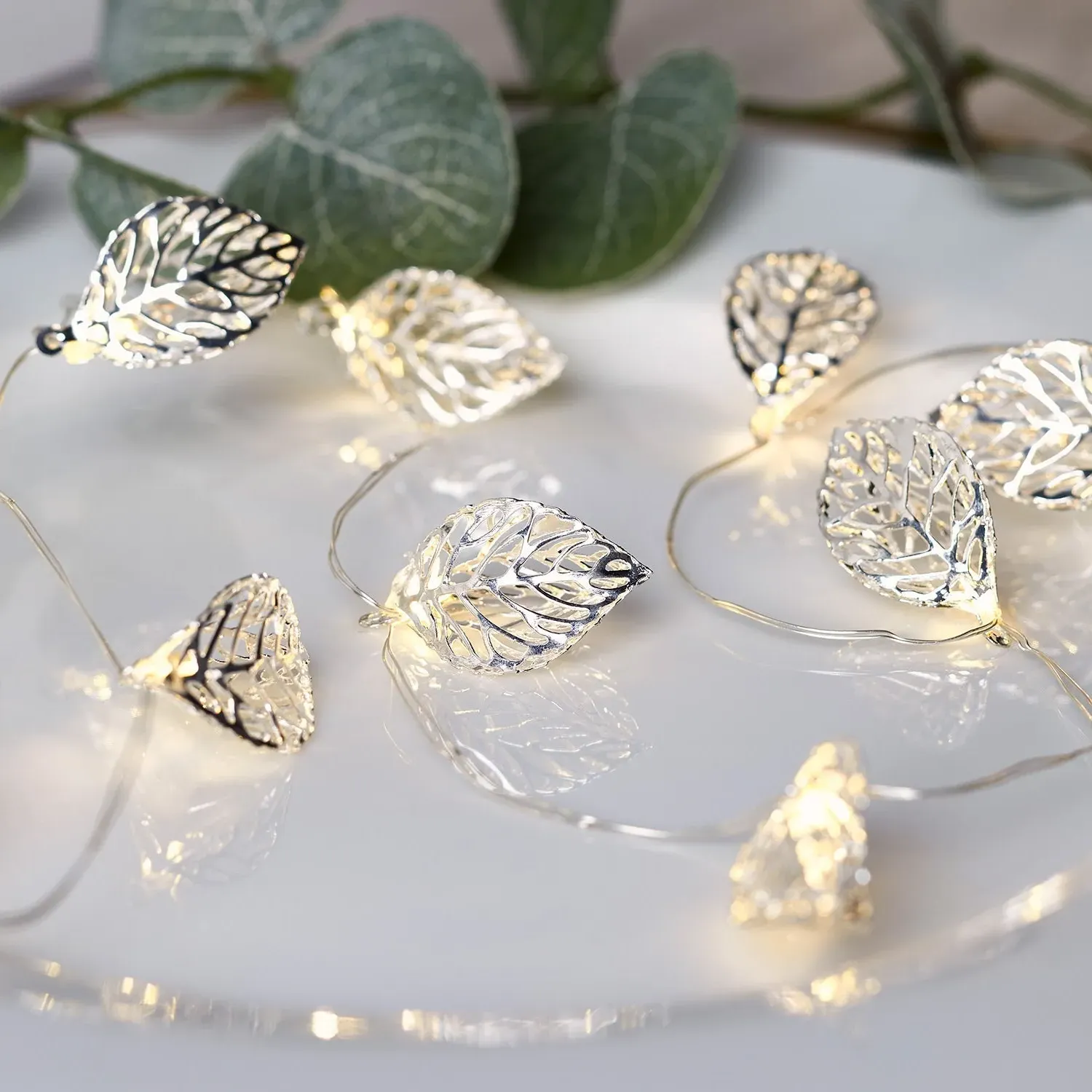 20-LED Fairy Lights with Leaves - Silver