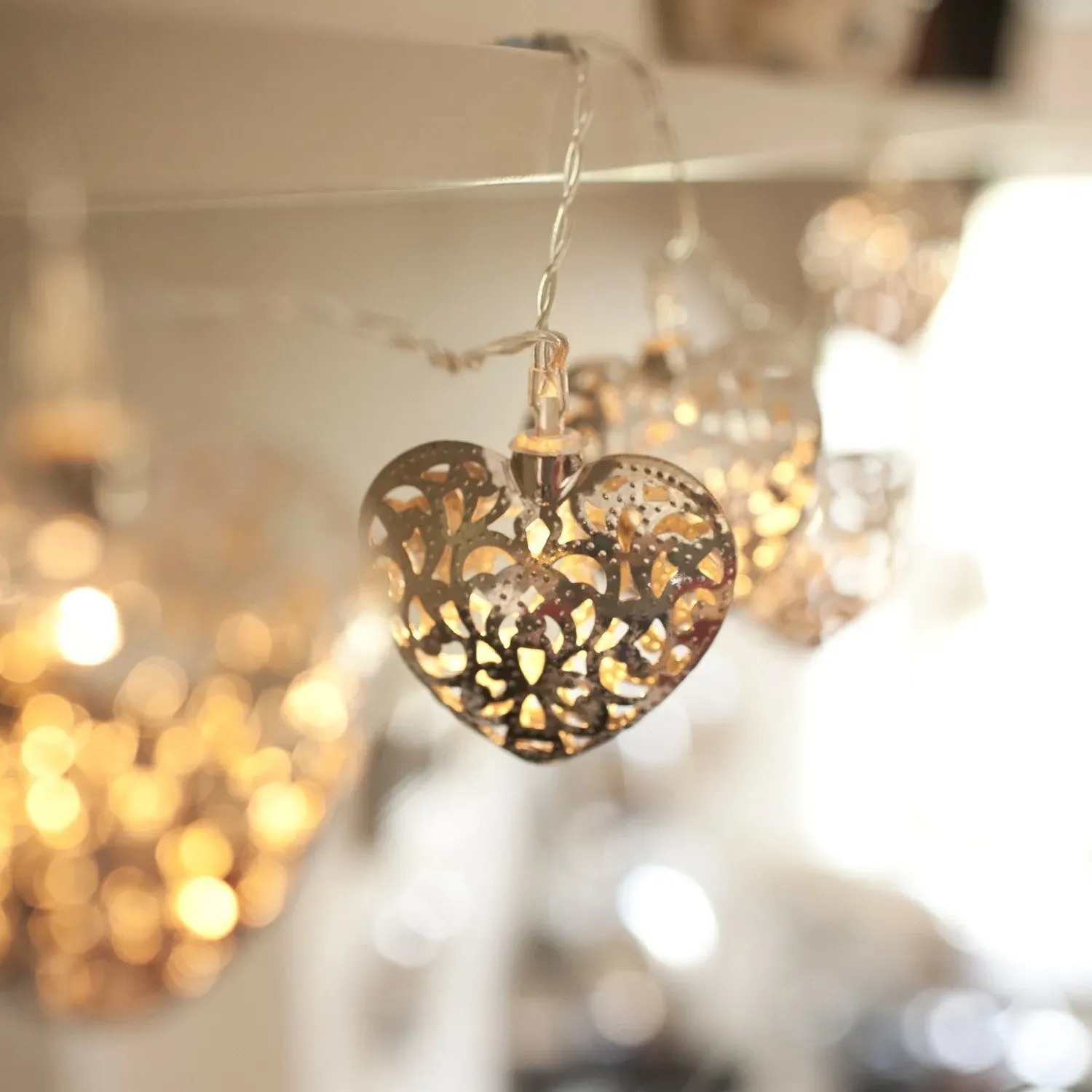 20 LED Heart Fairy Lights - Warm White, Silver