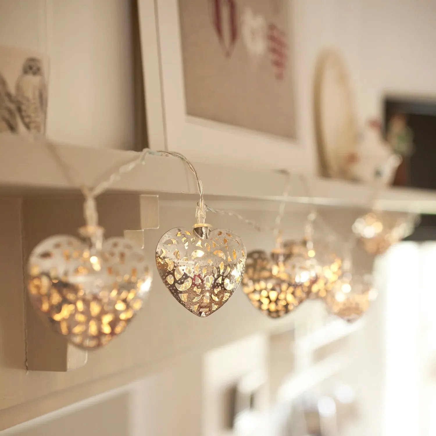20 LED Heart Fairy Lights - Warm White, Silver