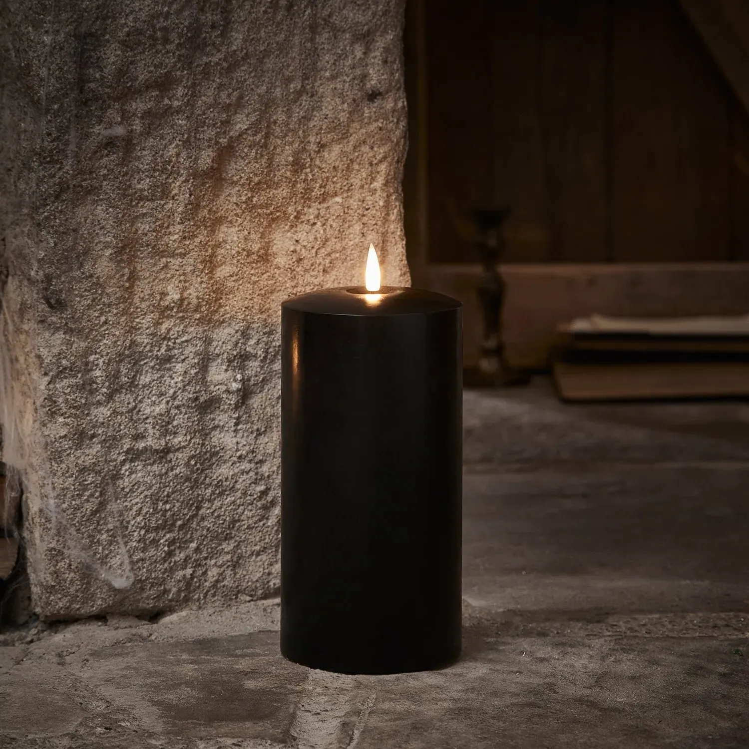 20cm LED Chapel Candle with Timer - Black, Wax
