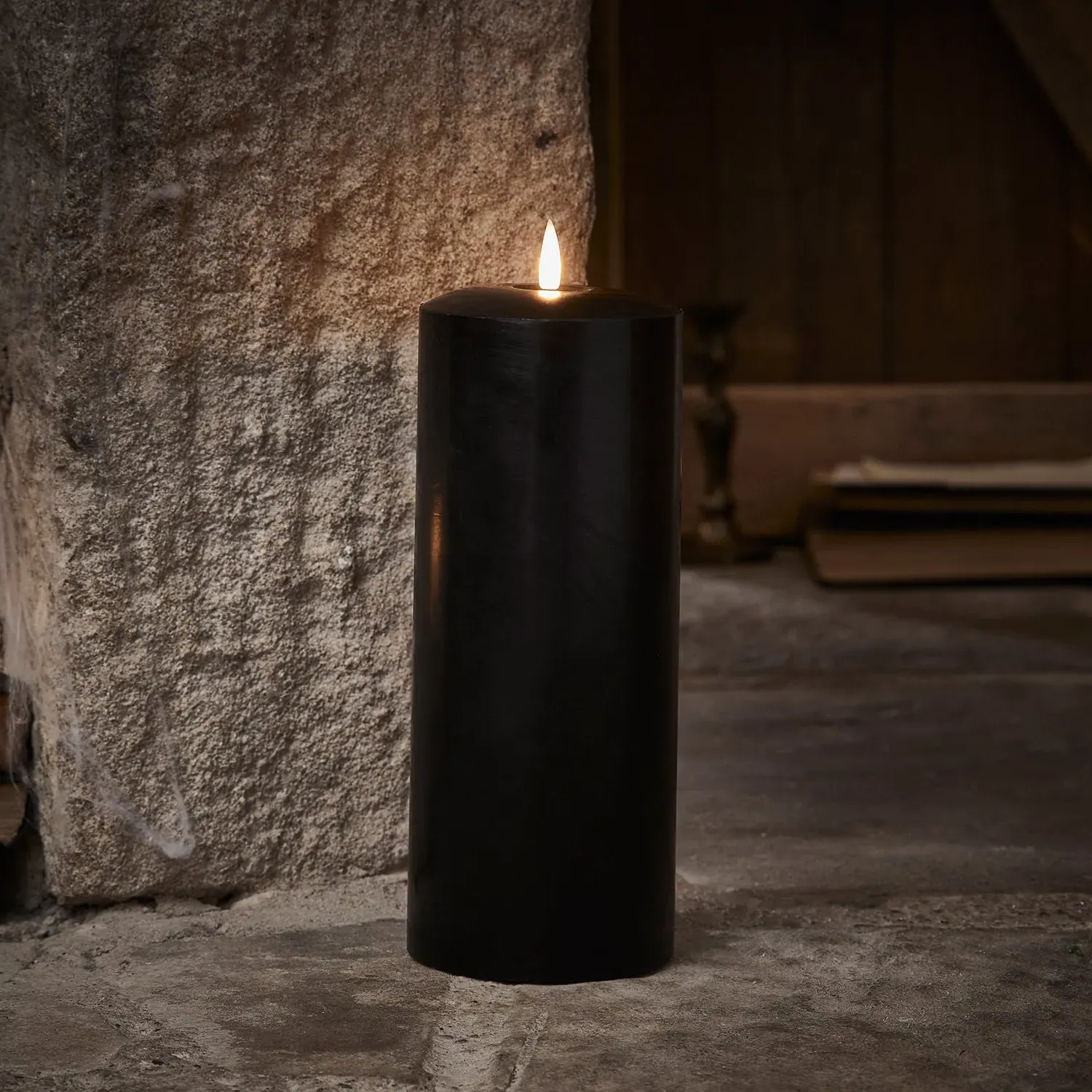 25cm LED Chapel Candle with Timer - Black, Wax