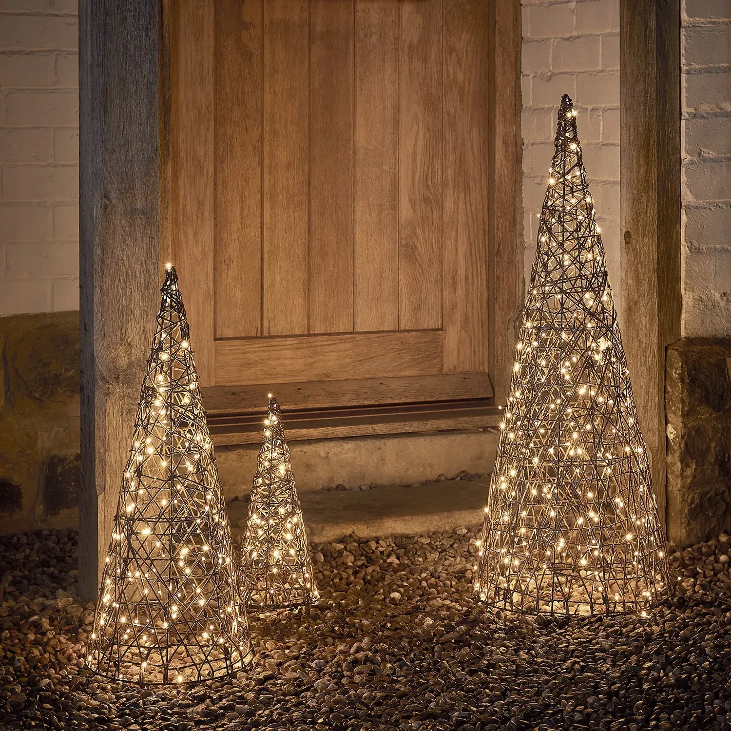 3-Piece Cone Christmas Decoration - Brown, Rattan