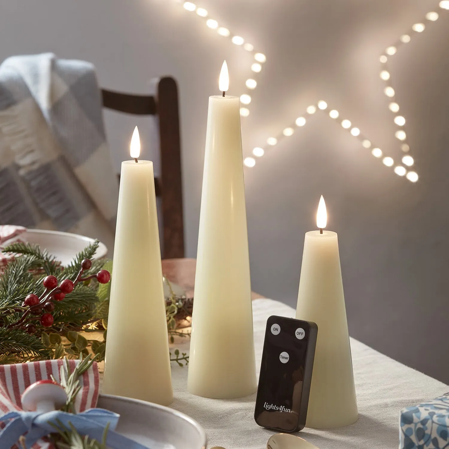 3-Piece Cone LED Candle Set - Ivory, Real Wax image