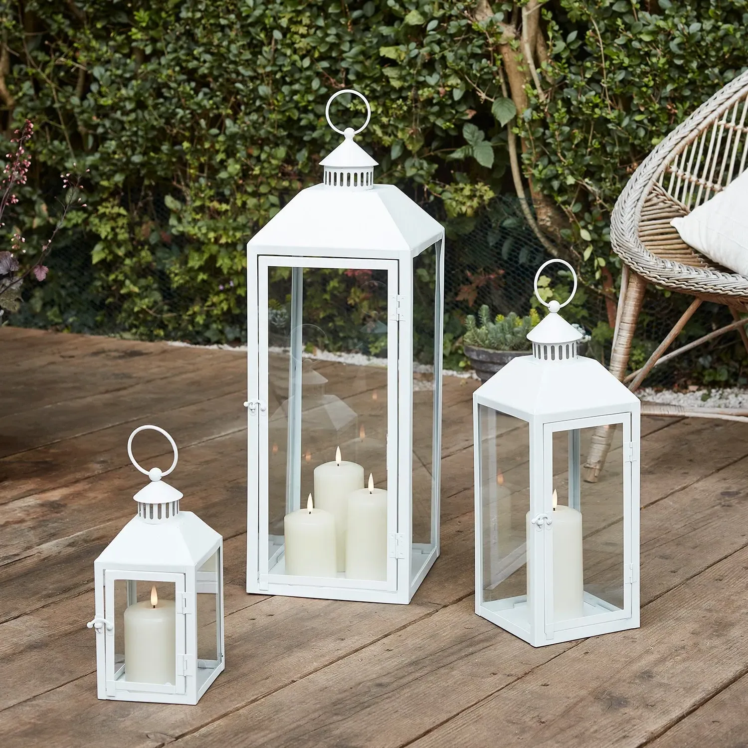 3-Piece Garden Lantern Set - White, Metal