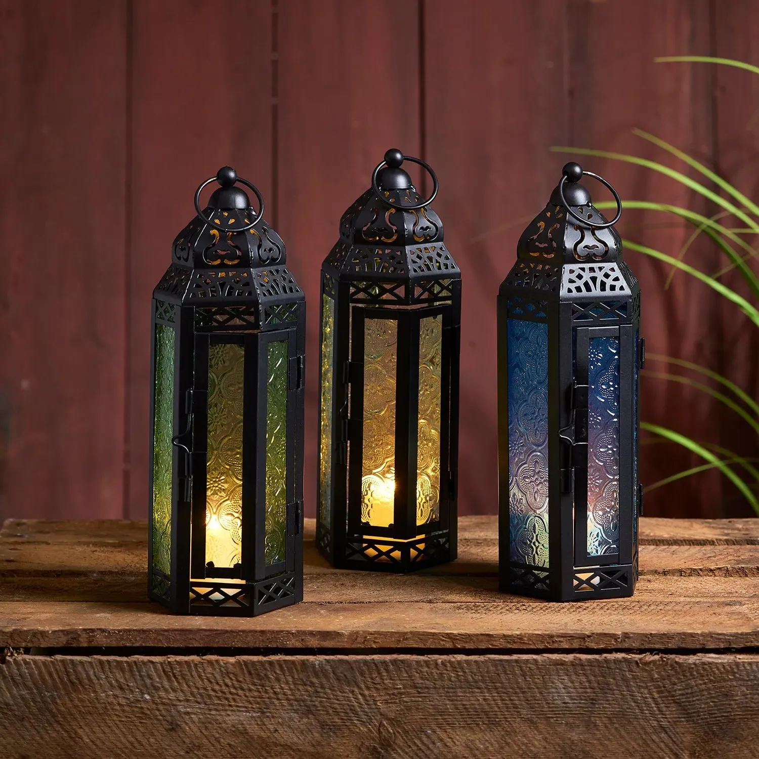 3-Piece Lantern Set with Timer - Black, Metal image
