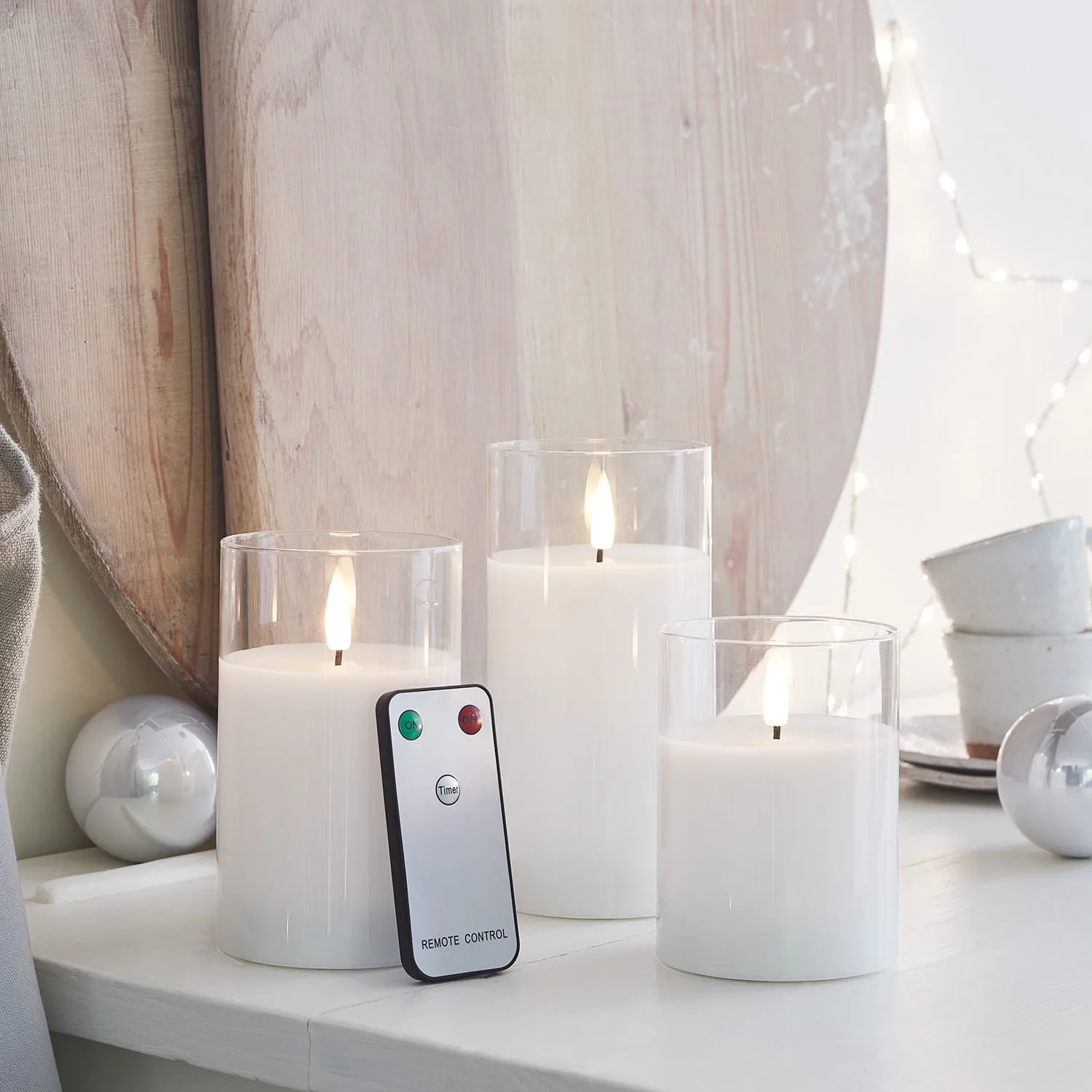 3-Piece LED Candle Set with Timer - White, Glass