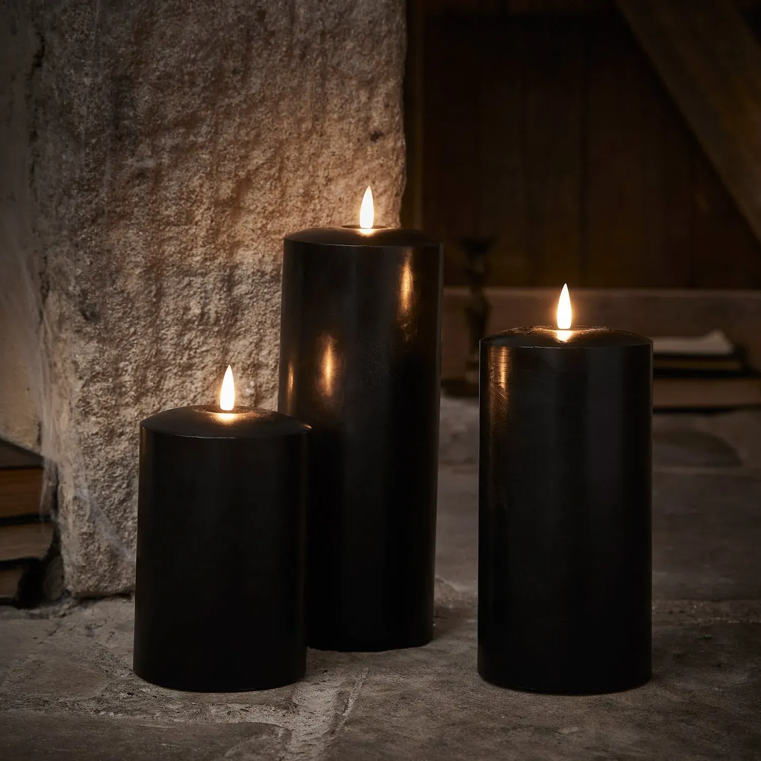 3-Piece LED Chapel Candle Set - Black, Wax