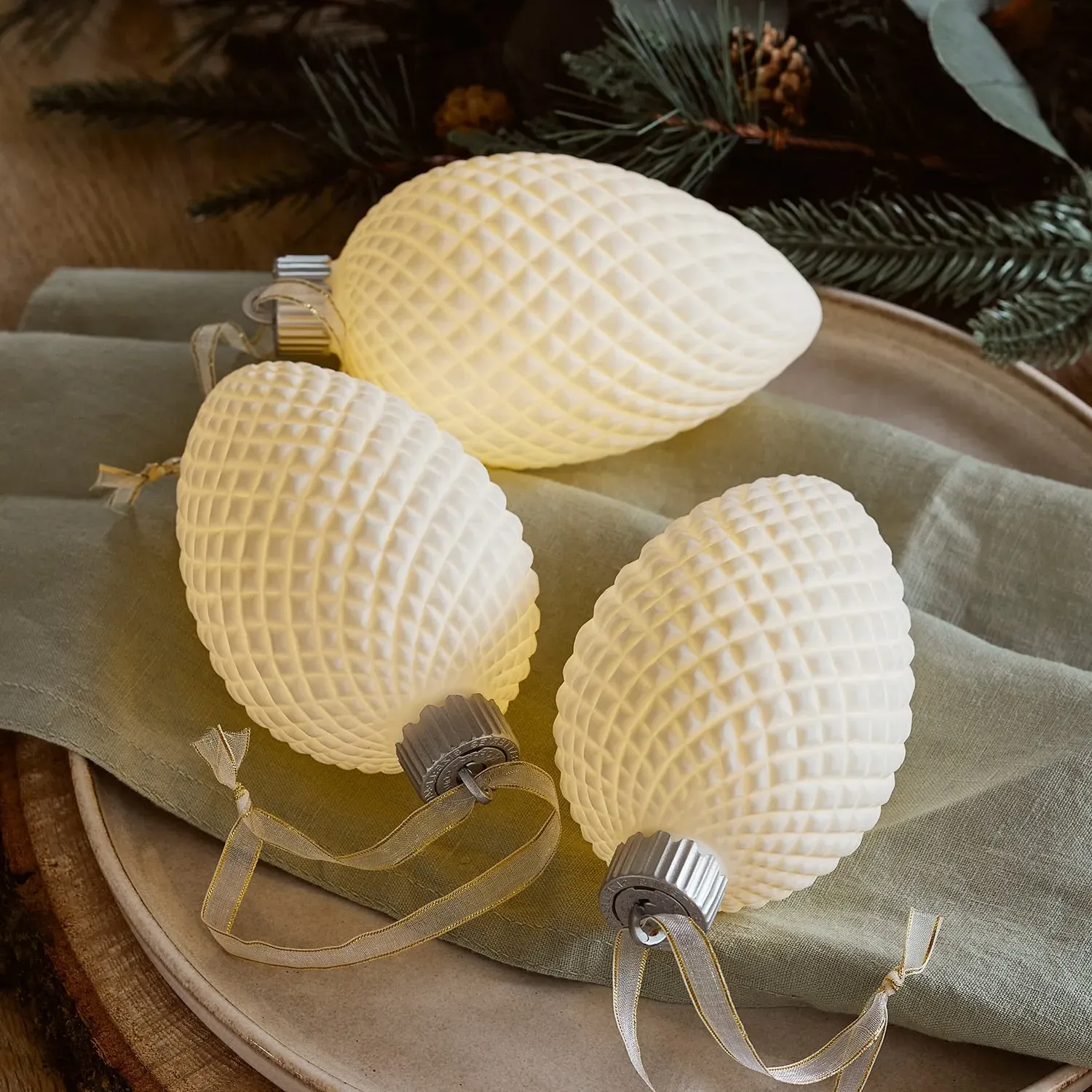 3-Piece LED Christmas Baubles - White, Ceramic