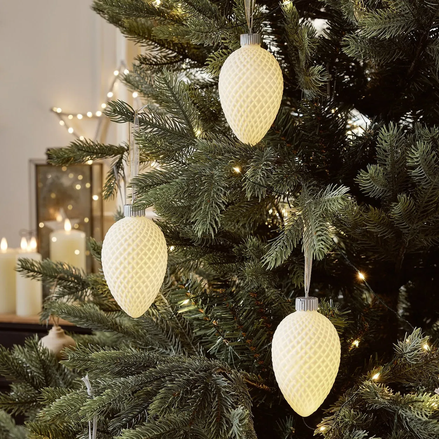 3-Piece LED Christmas Baubles - White, Ceramic image
