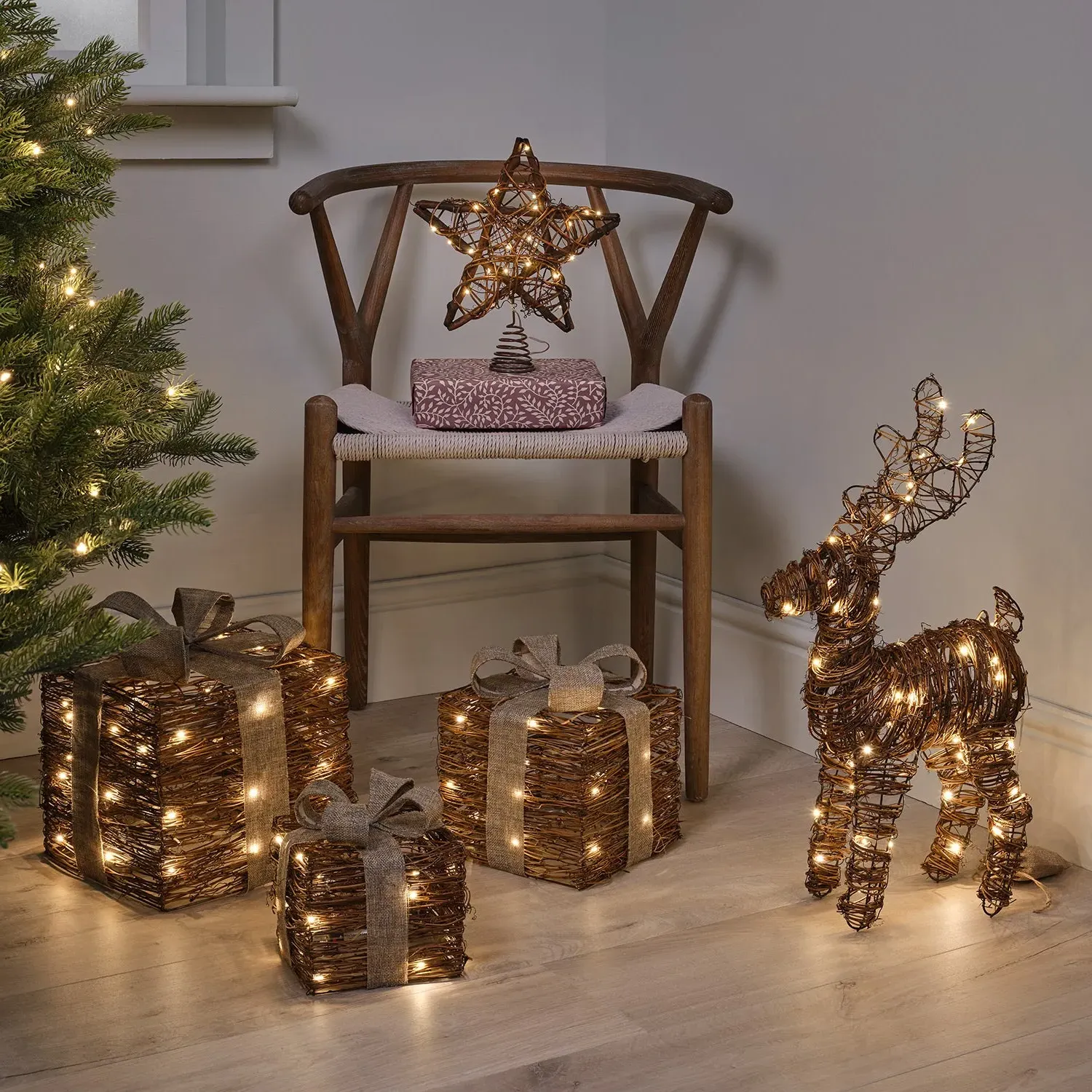 3-Piece LED Gift Boxes with Timer - Brown, Rattan