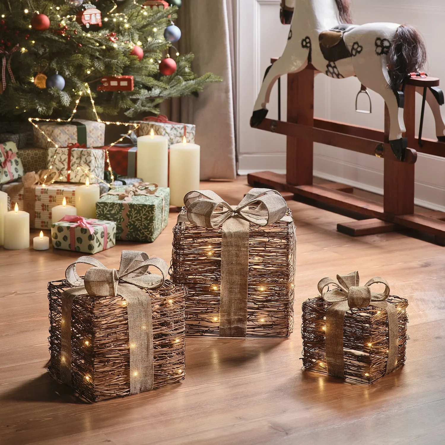 3-Piece LED Gift Boxes with Timer - Brown, Rattan image