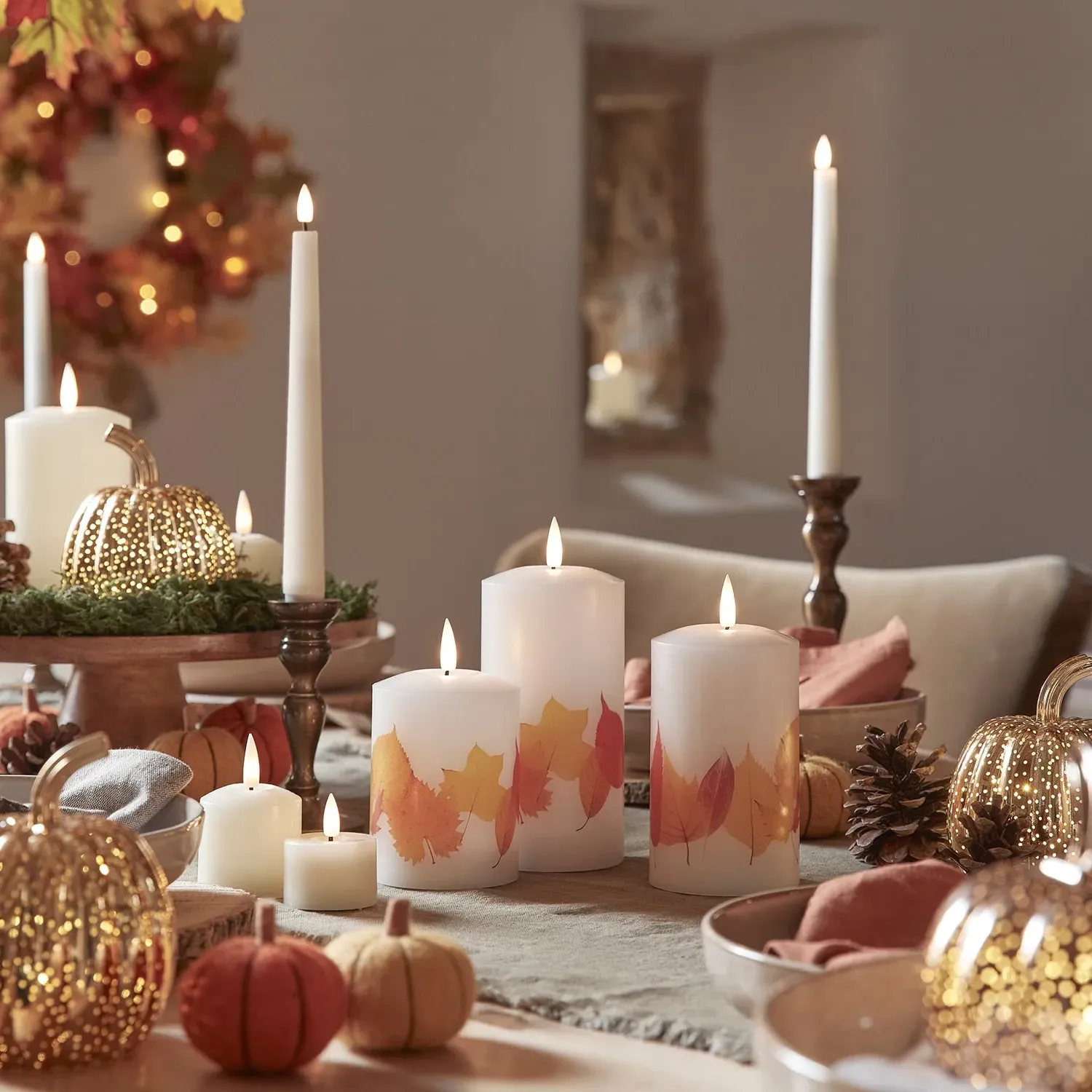 3-Piece LED Pillar Candle Set - Autumn Leaf, Wax