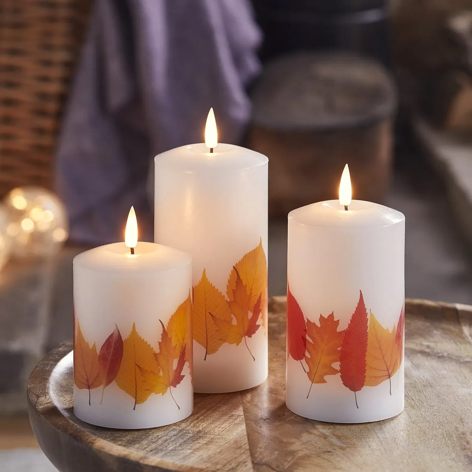 3-Piece LED Pillar Candle Set - Autumn Leaf, Wax image