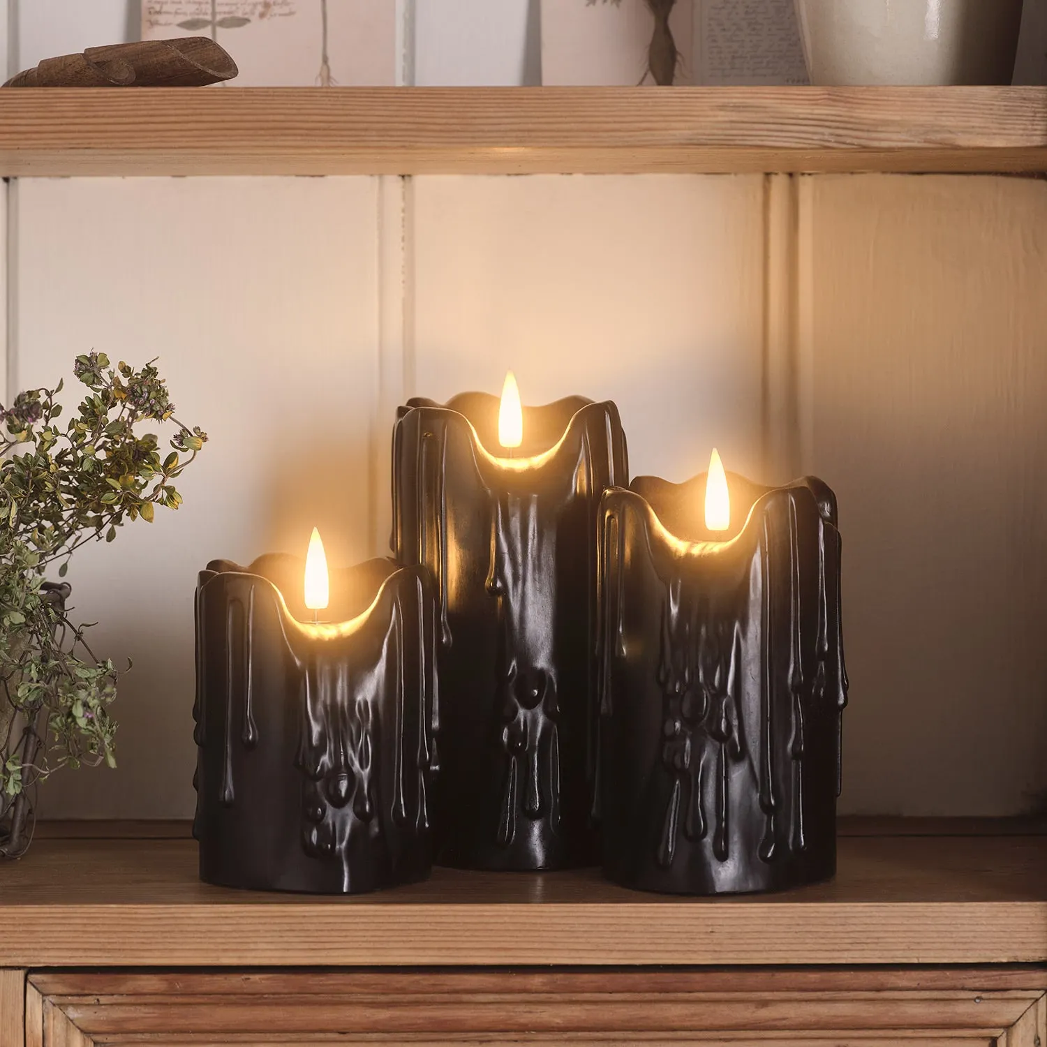 3-Piece LED Pillar Candle Set - Black, Wax