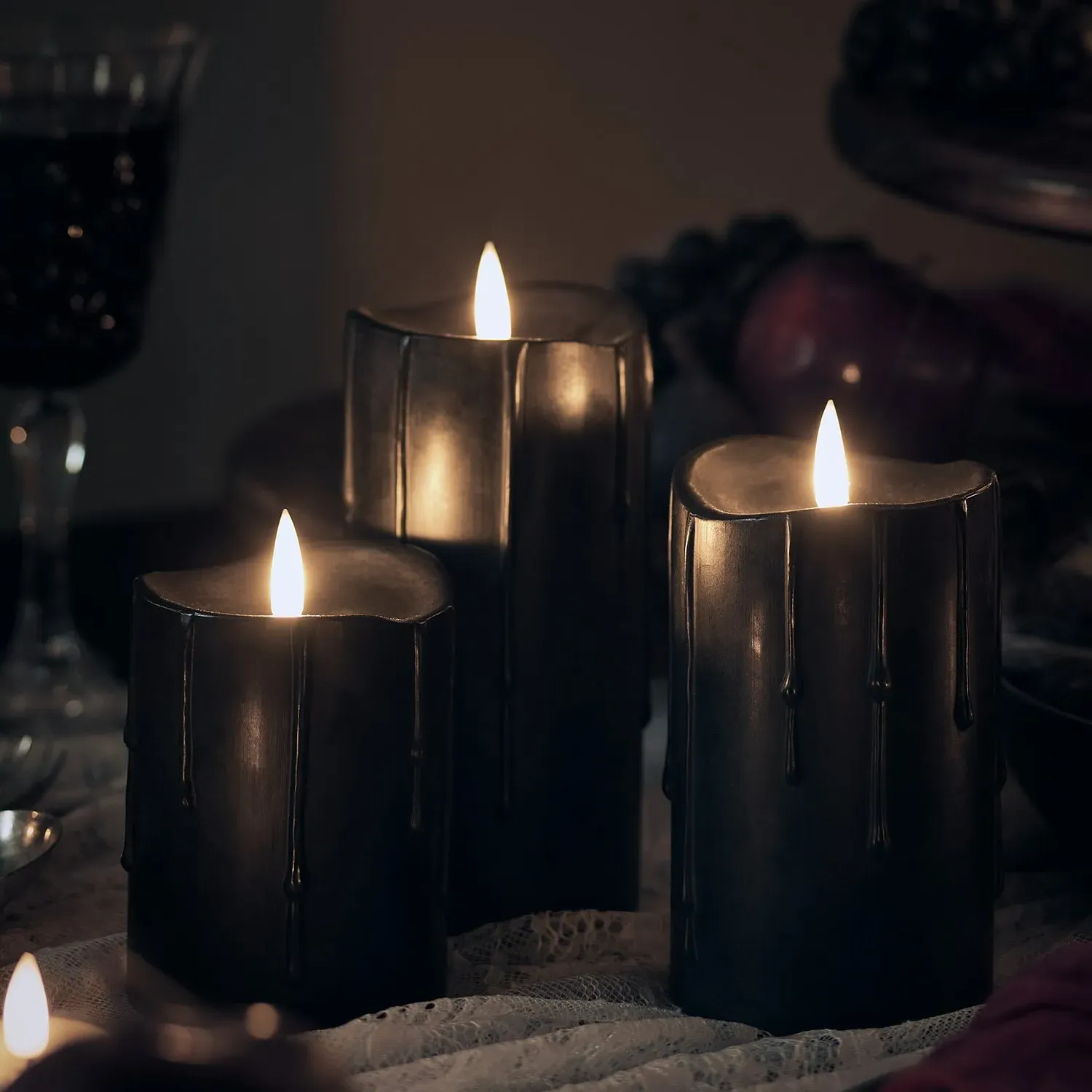 3-Piece LED Pillar Candle Set - Black, Wax