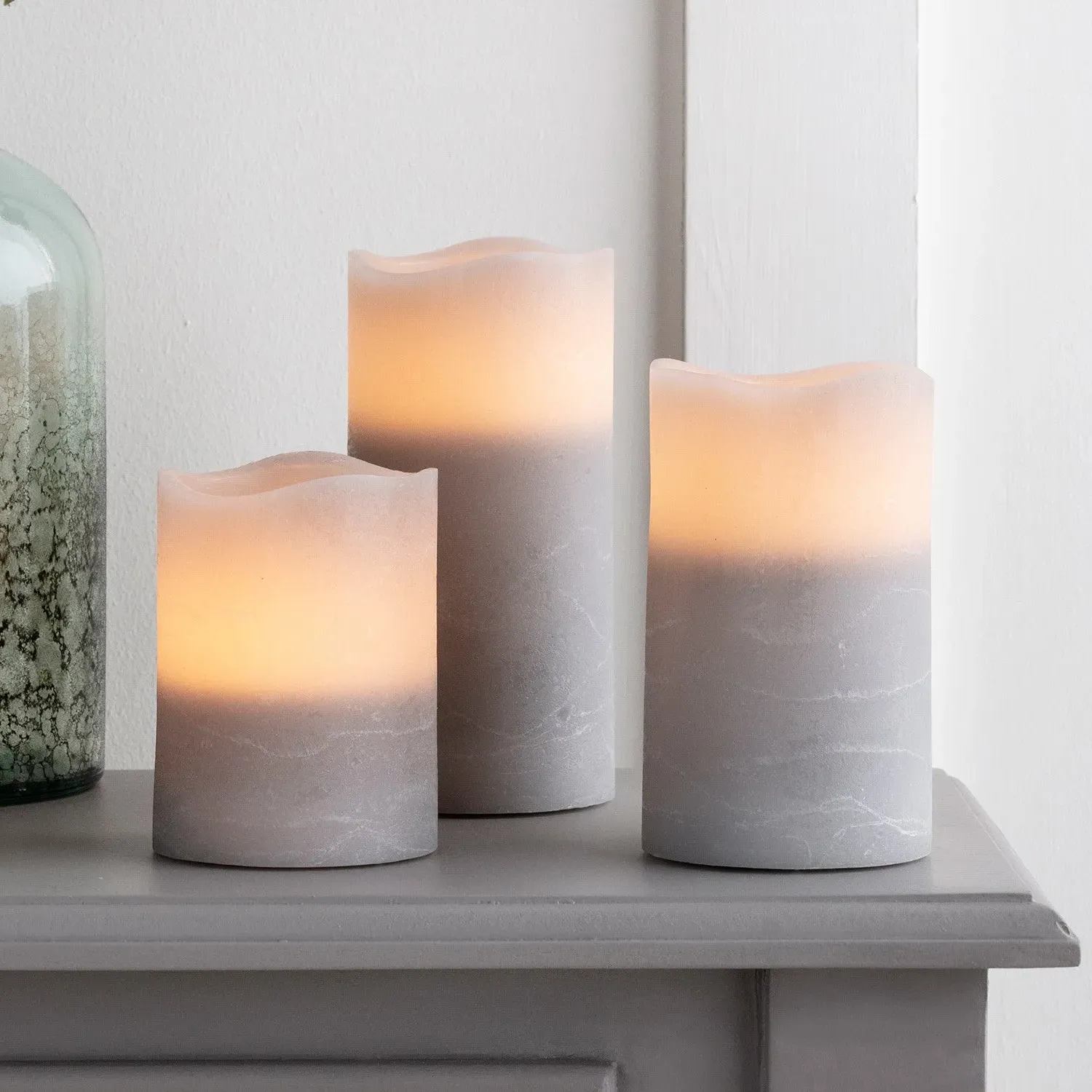 3-Piece LED Pillar Candle Set - Grey, Wax