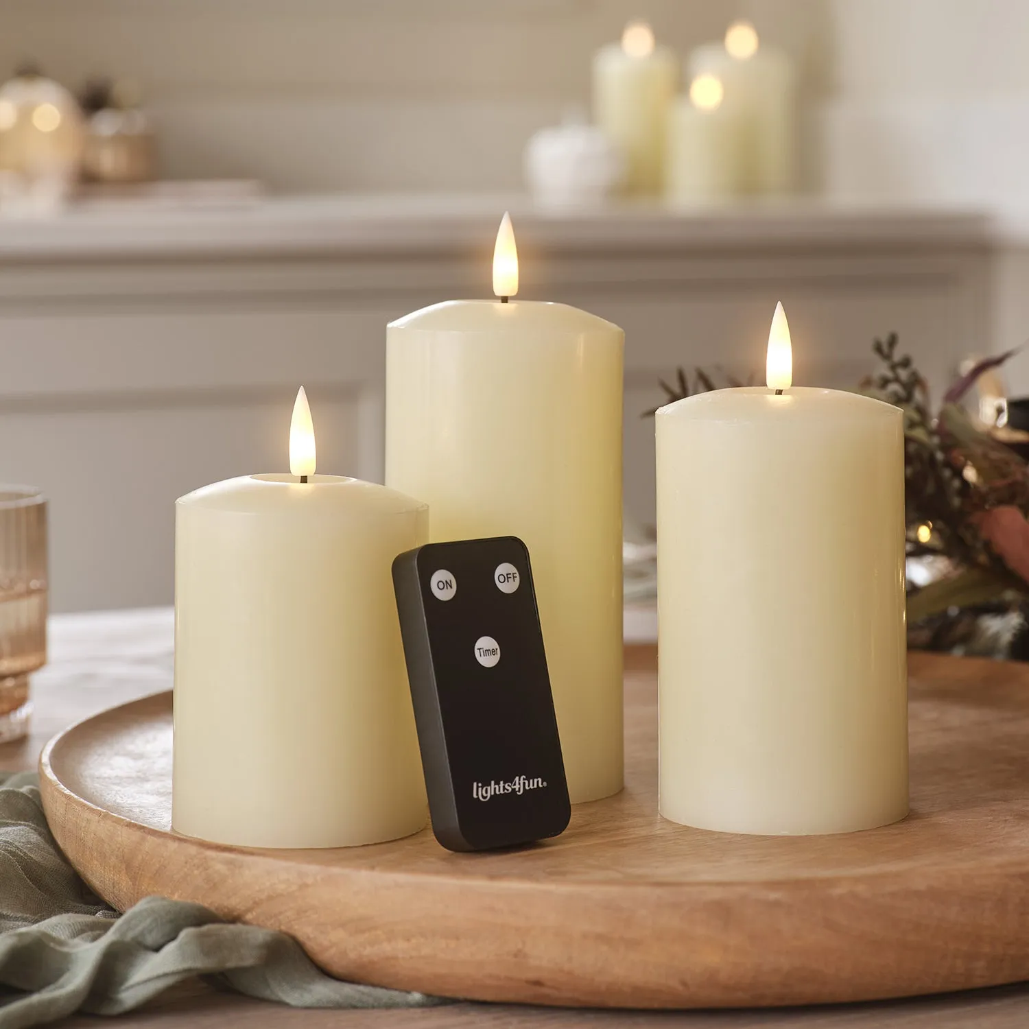 3-Piece LED Pillar Candle Set - Ivory, Real Wax
