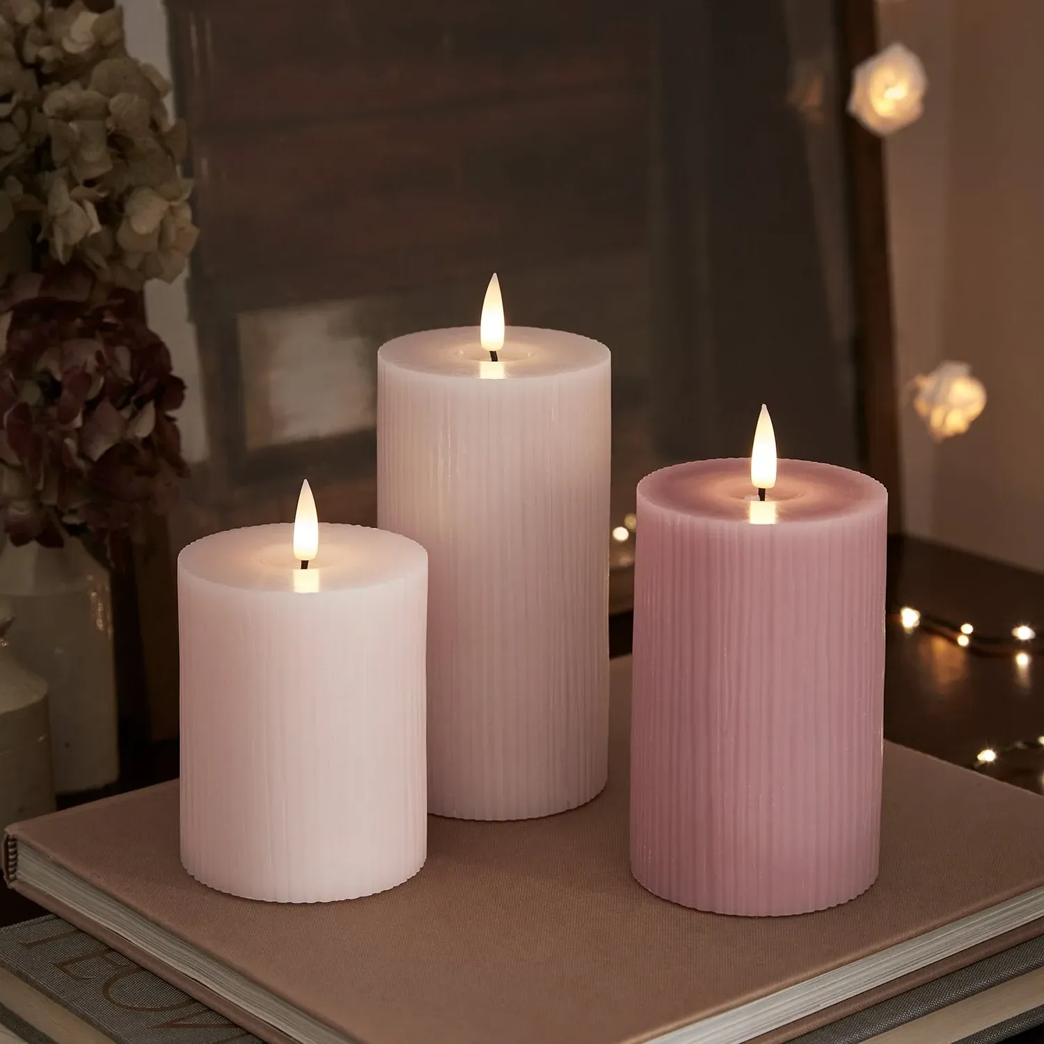 3-Piece LED Pillar Candle Set - Pink, Ribbed Wax