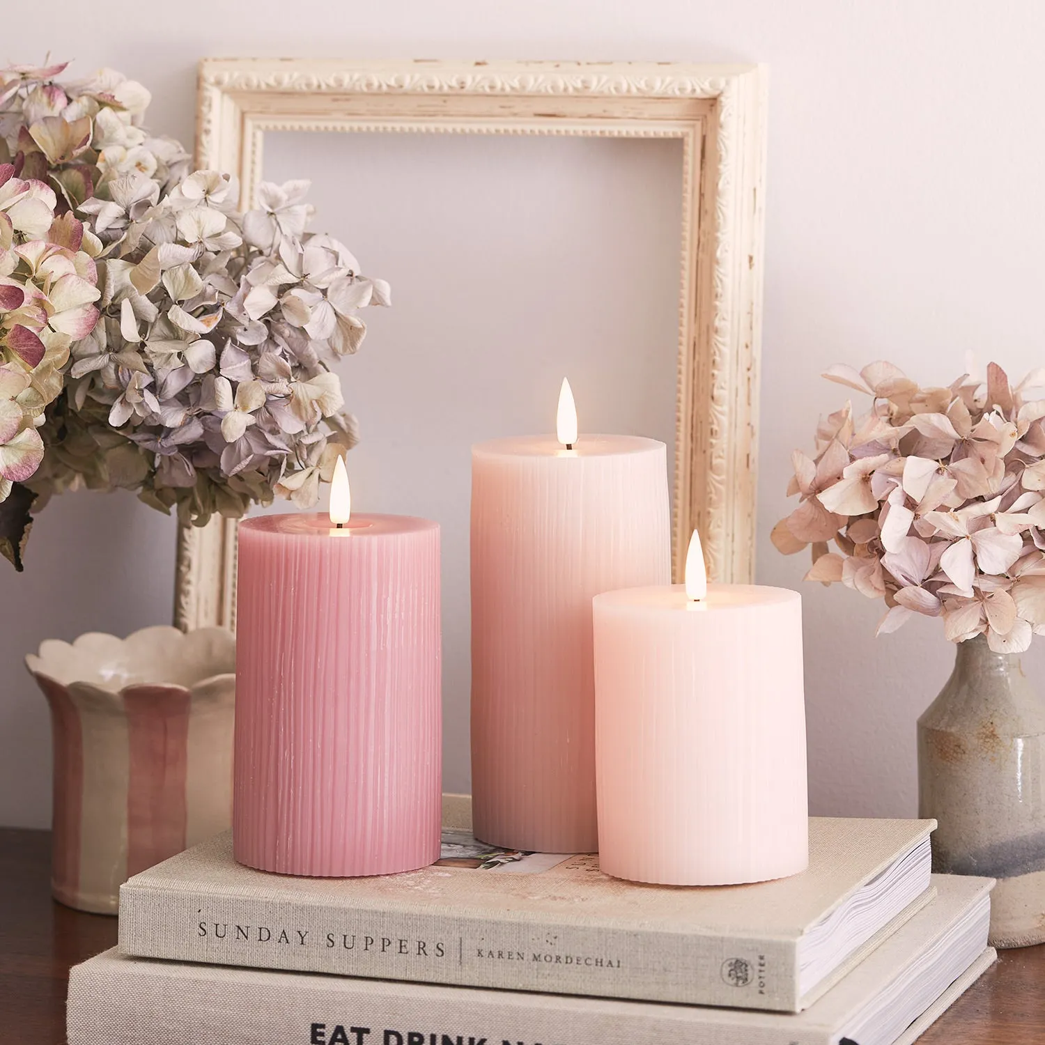 3-Piece LED Pillar Candle Set - Pink, Ribbed Wax image