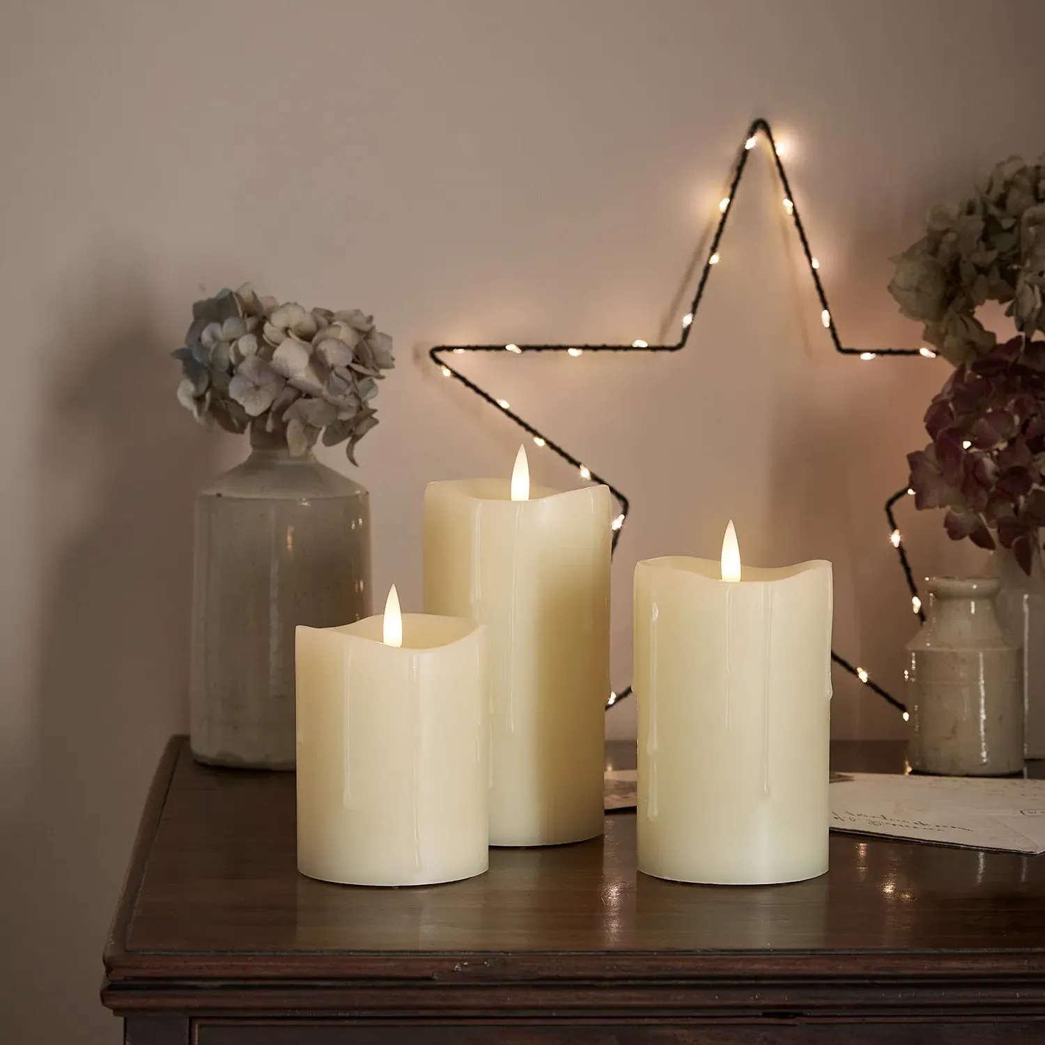 3-Piece LED Pillar Candle Set - White, Wax image