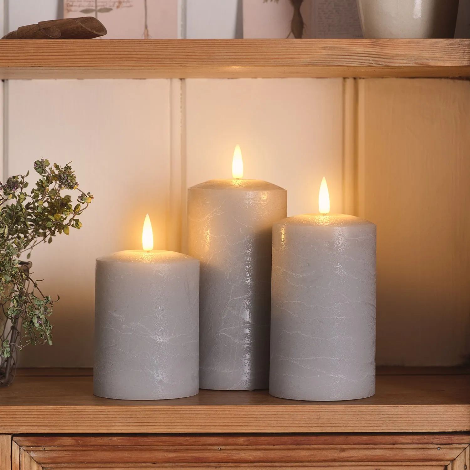 3-Piece LED Pillar Candle Set with Remote - Grey