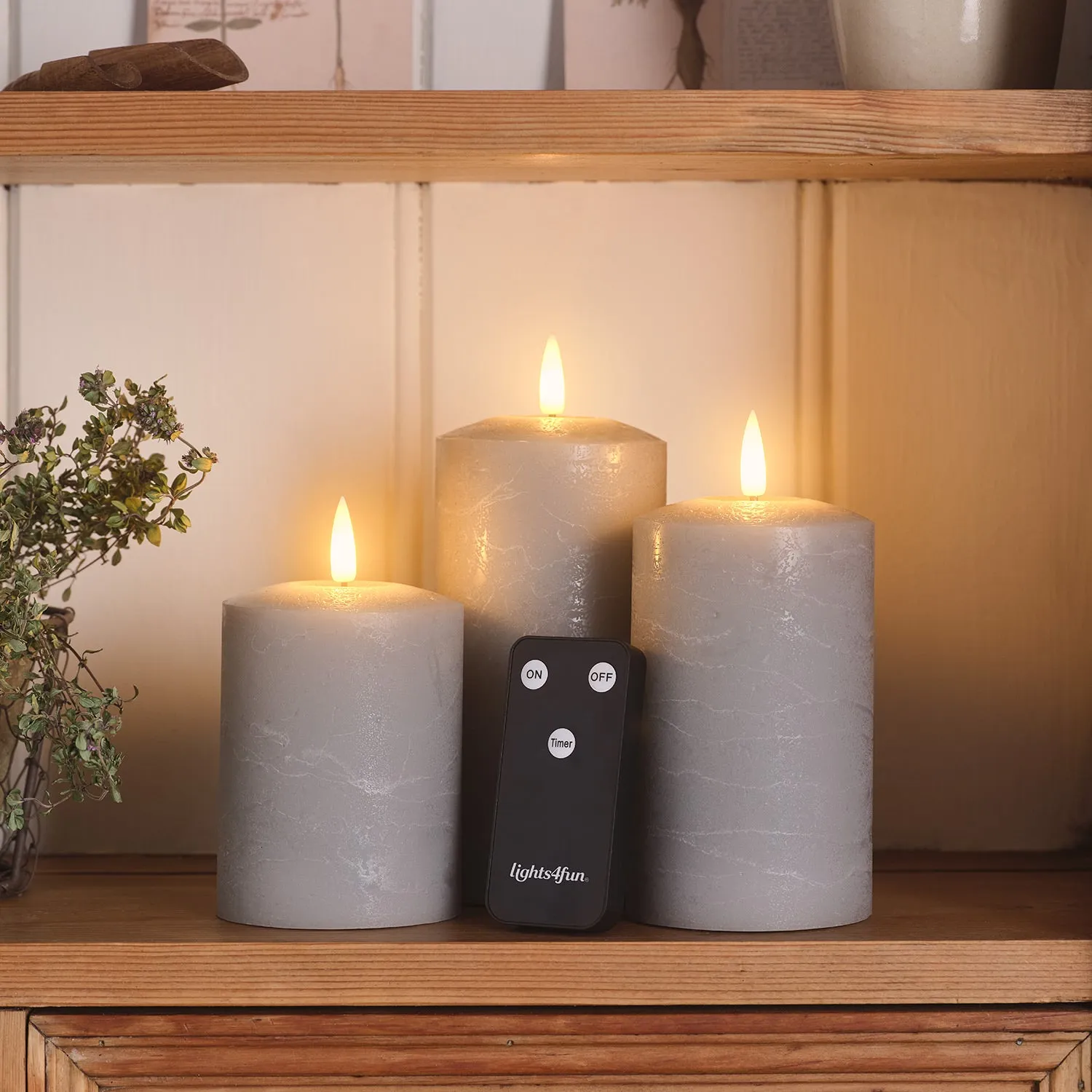 3-Piece LED Pillar Candle Set with Remote - Grey image