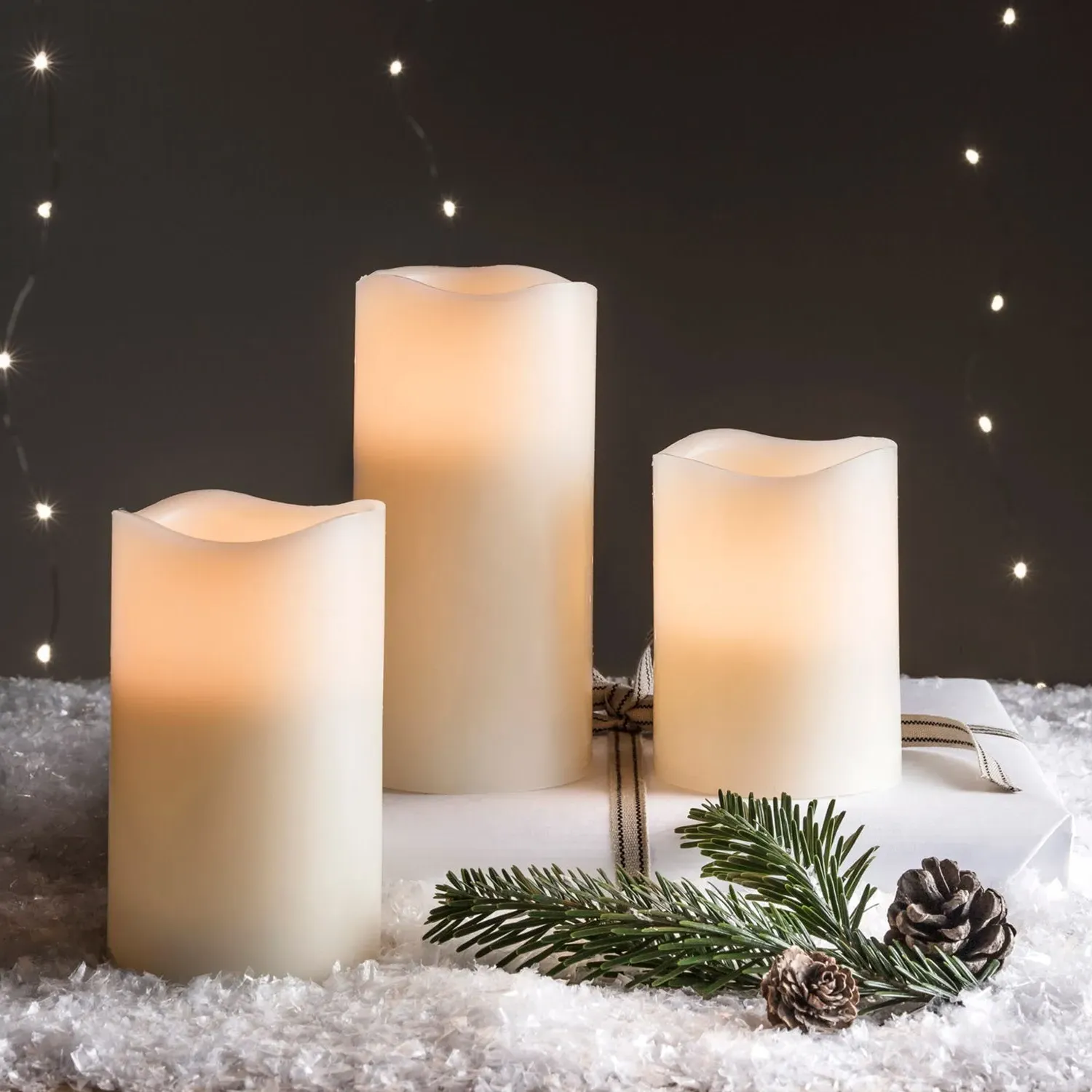 3-Piece LED Pillar Candles - Amber, Wax