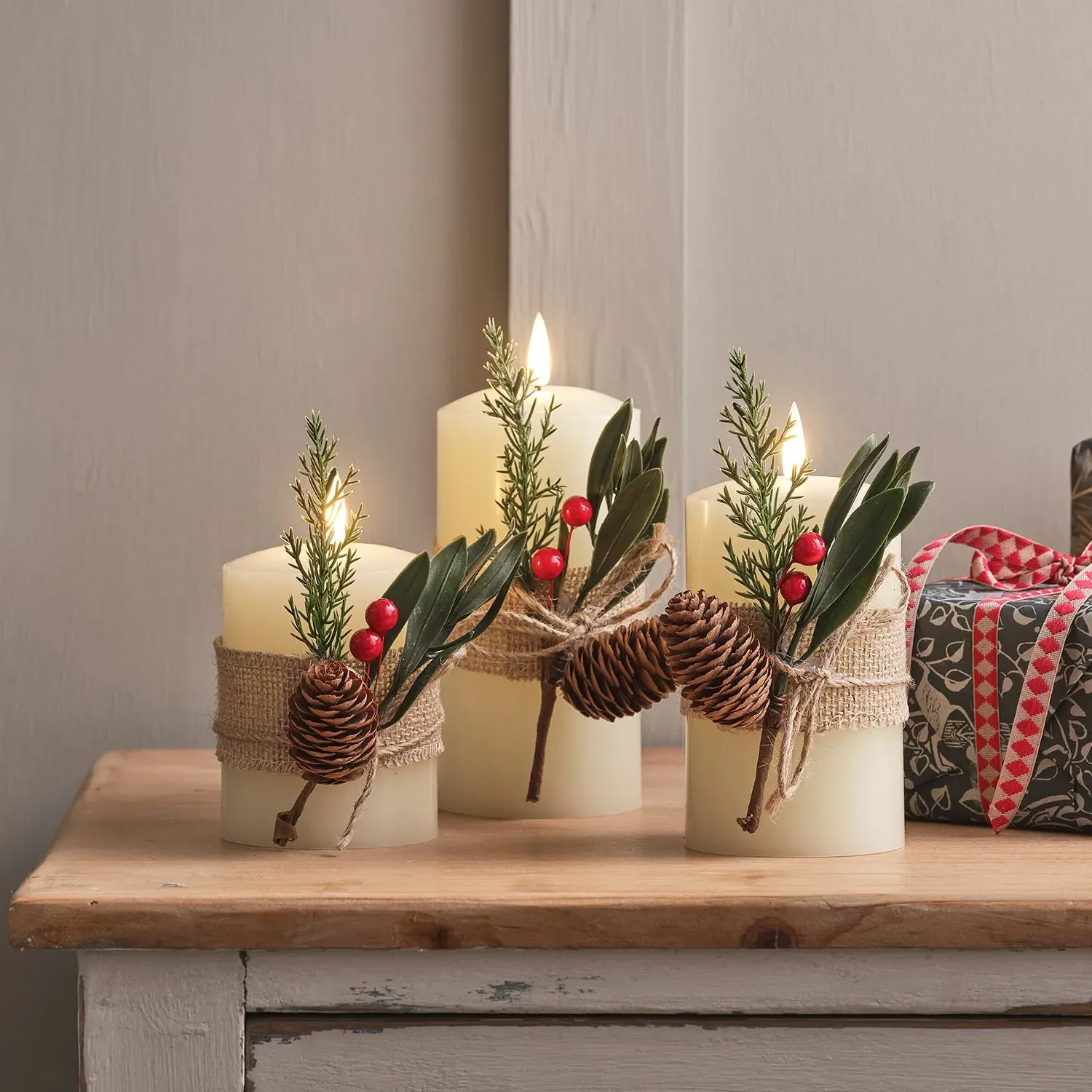 3-Piece LED Pillar Candles - Winter Foliage