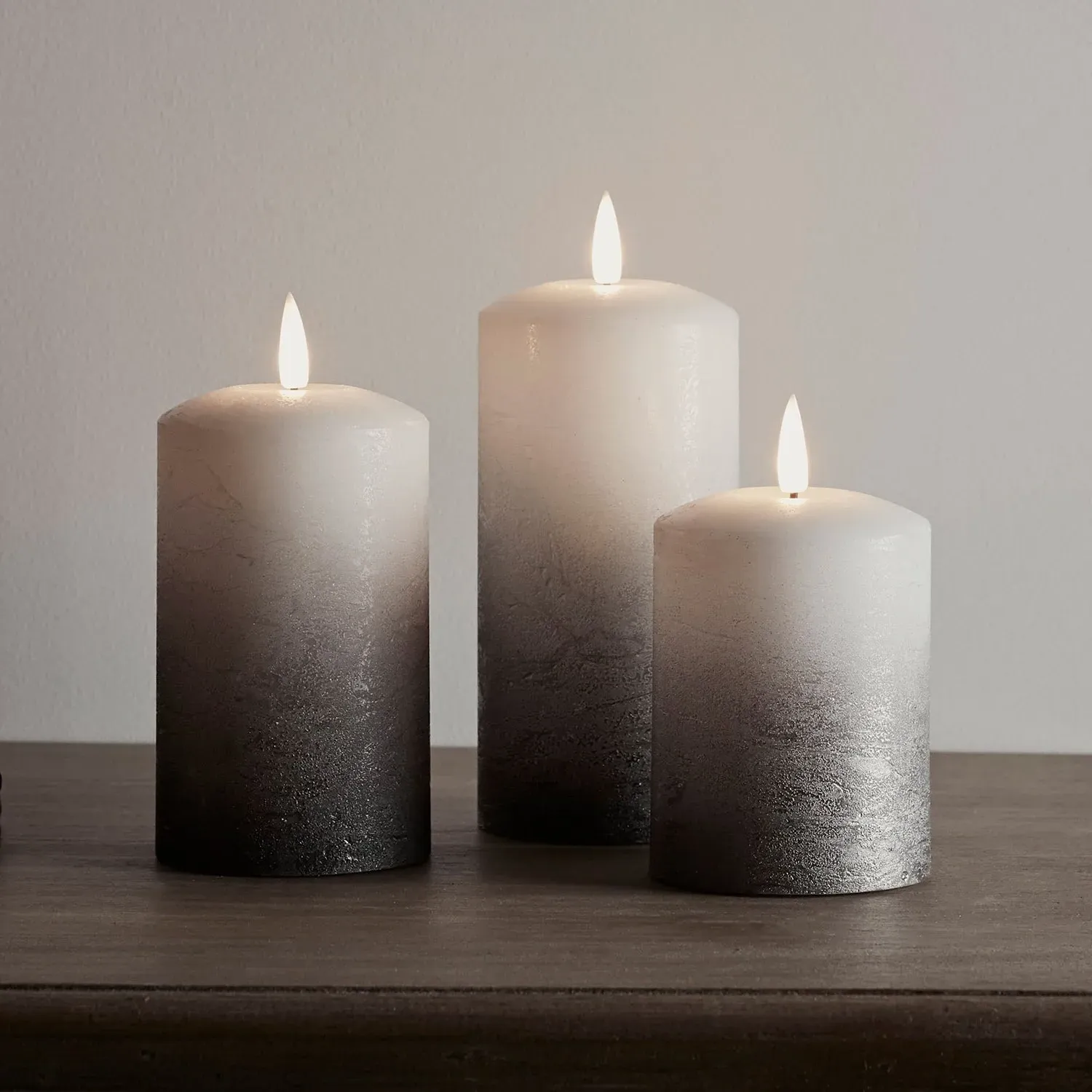 3-Piece Ombre LED Pillar Candle Set - Grey, Wax