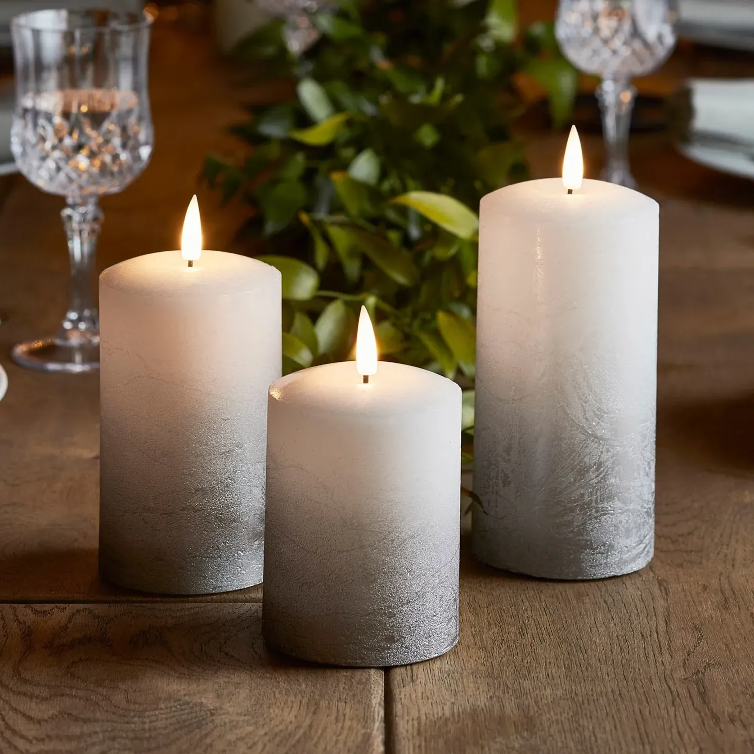 3-Piece Ombre LED Pillar Candle Set - Grey, Wax