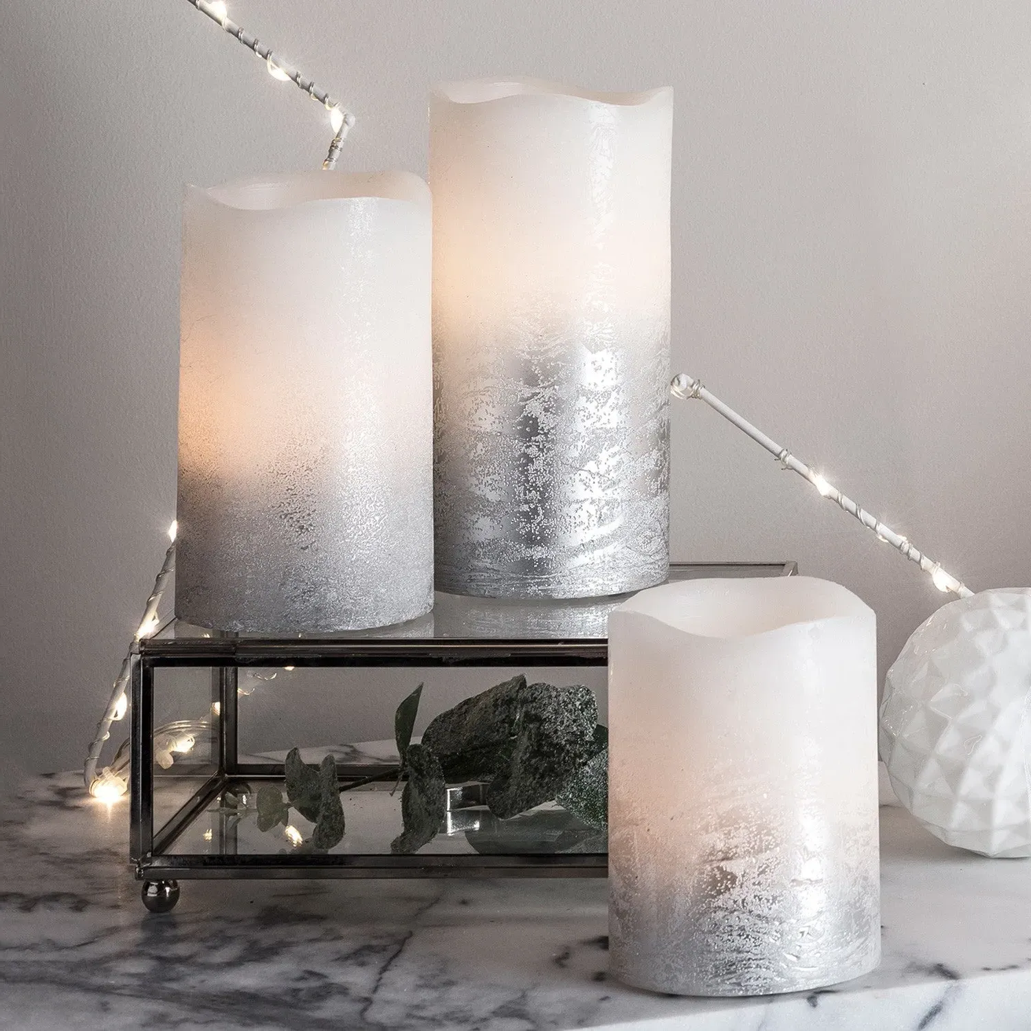 3-Piece Ombre LED Pillar Candles - Silver, Wax