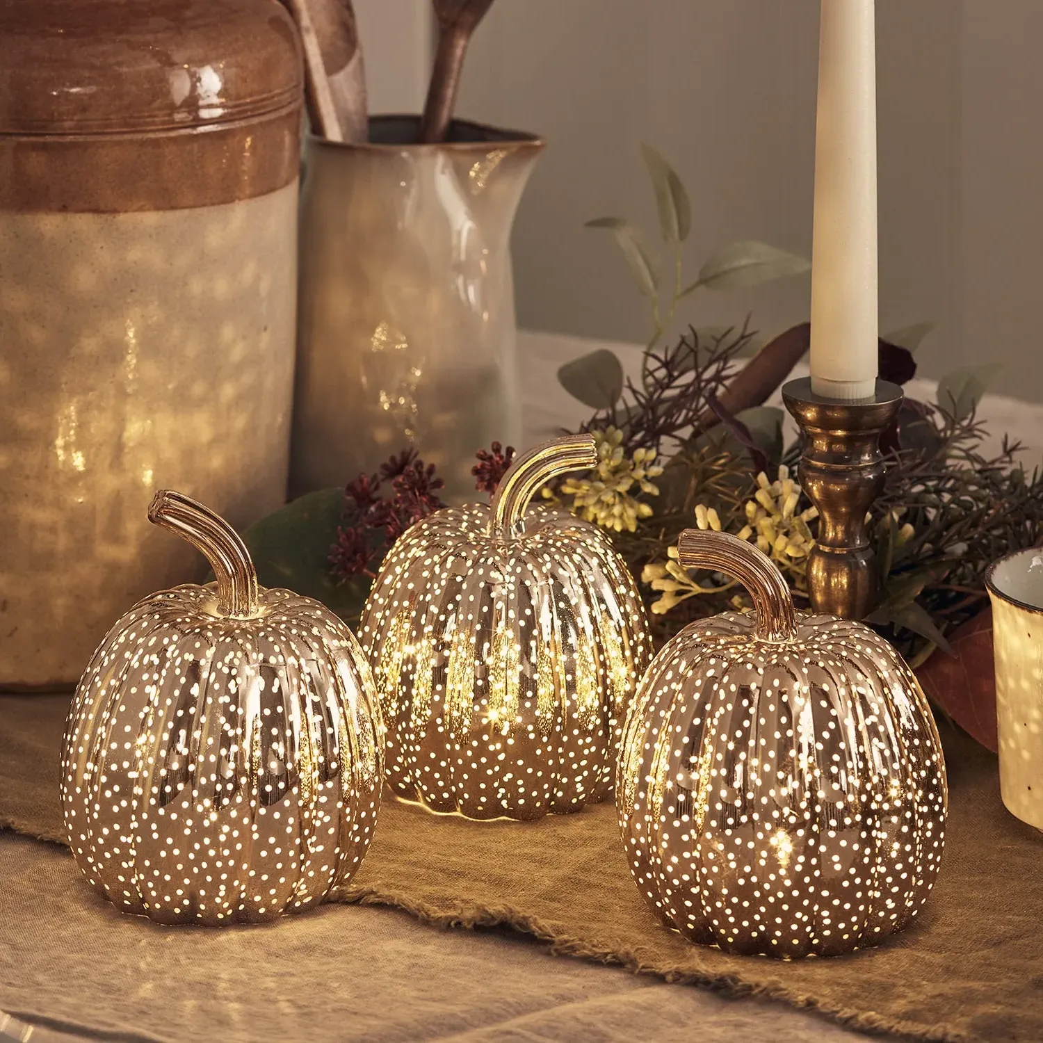 3-Piece Pumpkin Set with LED - Brass, Glass