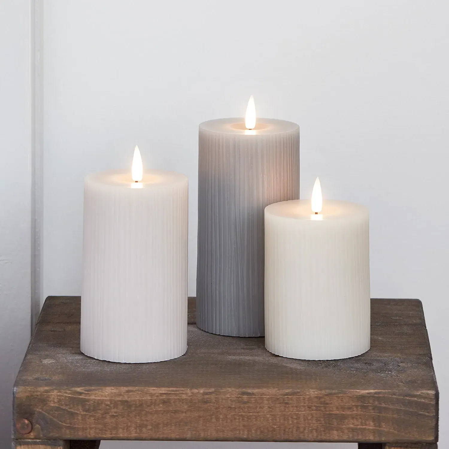 3-Piece Ribbed LED Pillar Candle Set - Grey, Wax
