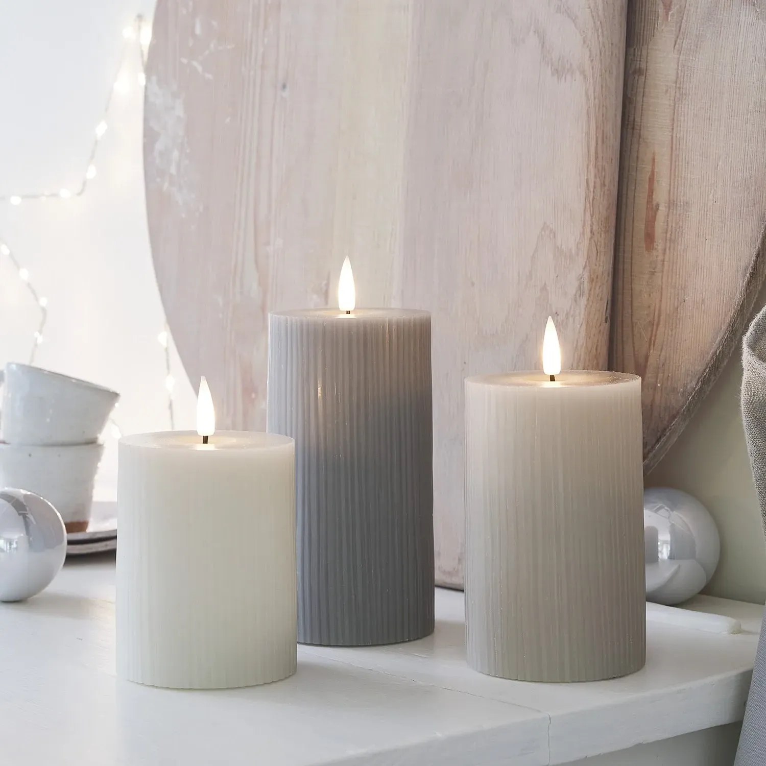 3-Piece Ribbed LED Pillar Candle Set - Grey, Wax